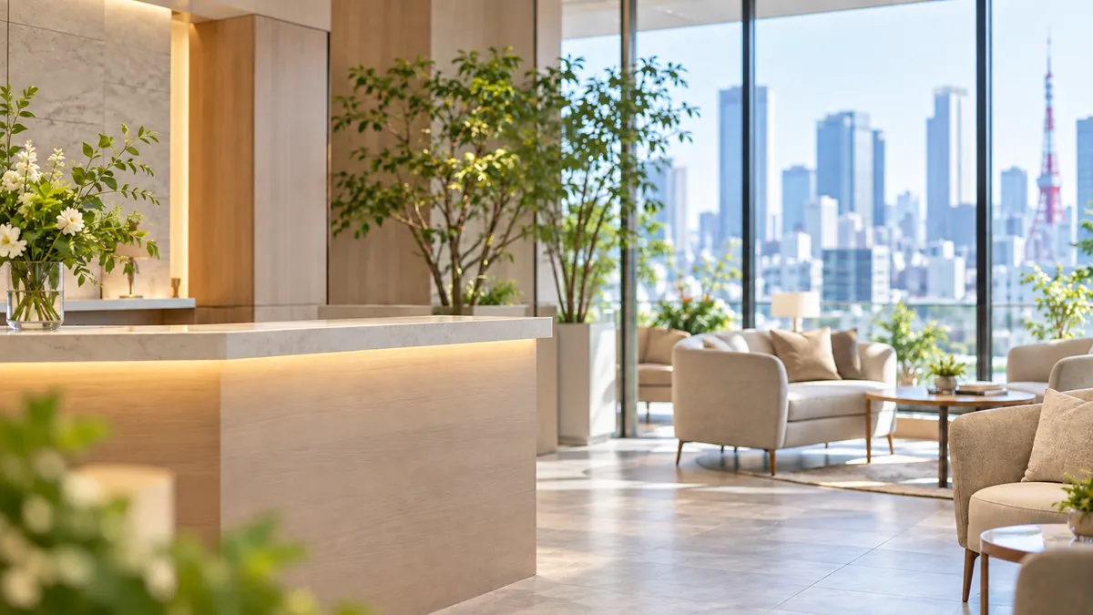 An empty reception and seating area in a fictional Tokyo skin clinic.