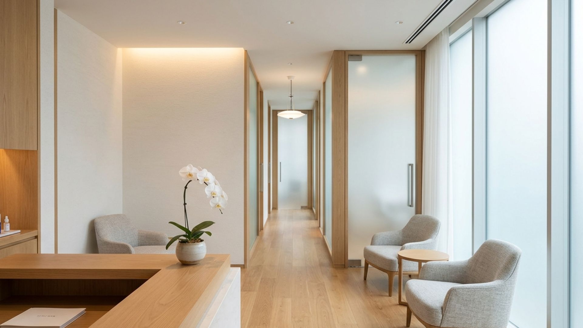 Modern aesthetic clinic waiting room in Ginza Tokyo — minimalist Japanese interior design with white surfaces, soft lighting, and a private consultation area