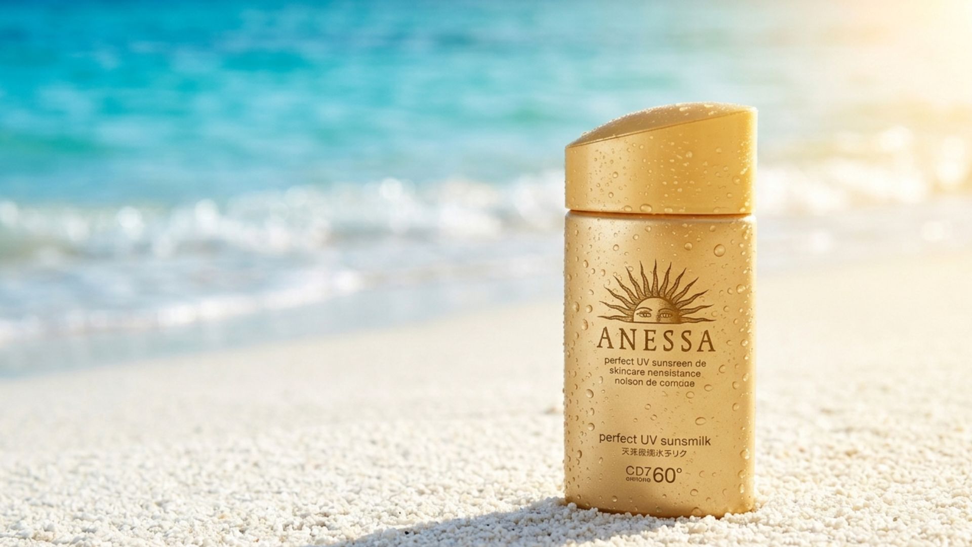 Anessa Perfect UV Sunmilk gold bottle on a sun-drenched beach towel with Japanese summer backdrop
