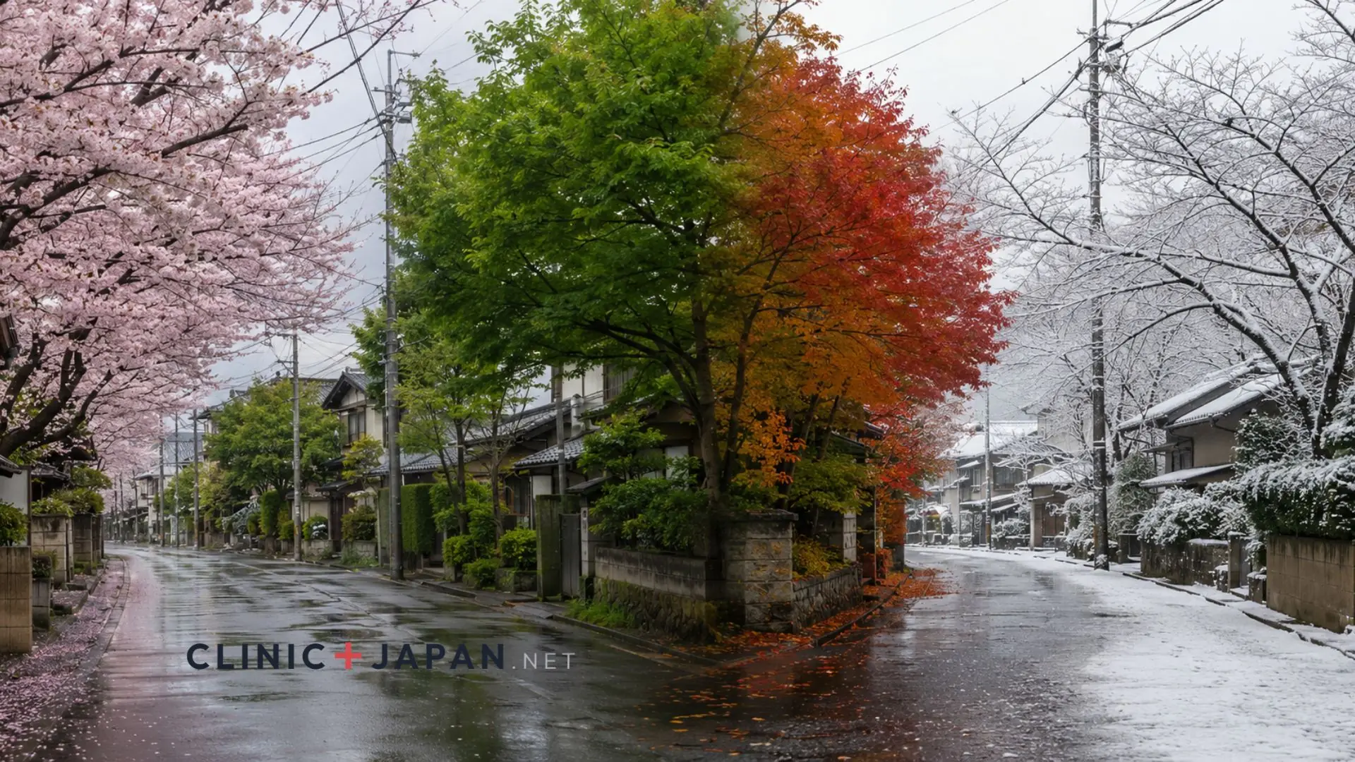 A tree-lined Japanese street shown across the seasons, cherry blossoms giving way to summer green, autumn maple and winter bare branches