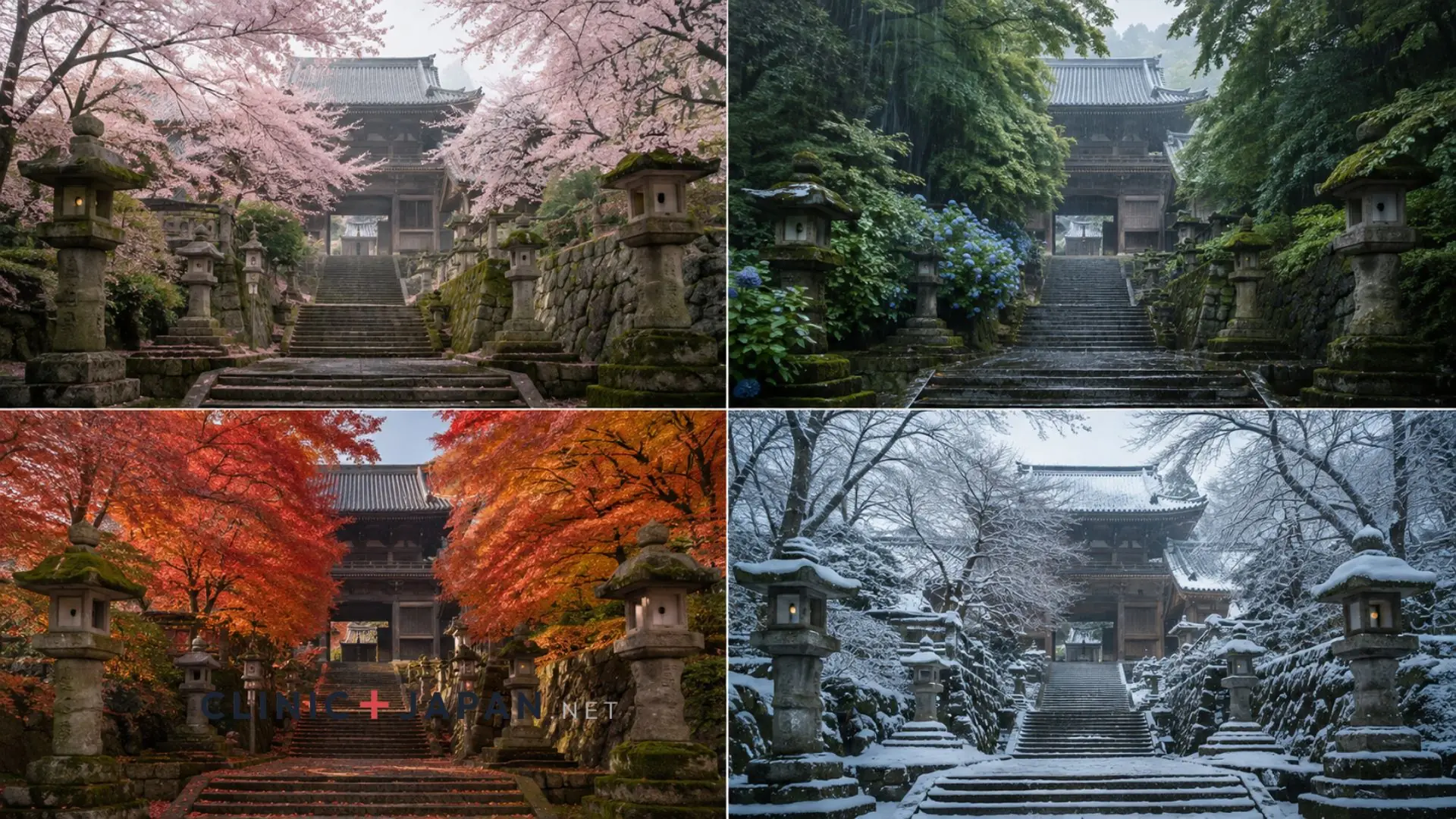 Four-panel seasonal comparison of the same Japanese street: cherry blossoms in spring, dense green and rain in summer, red maple in autumn, and bare trees under snow in winter
