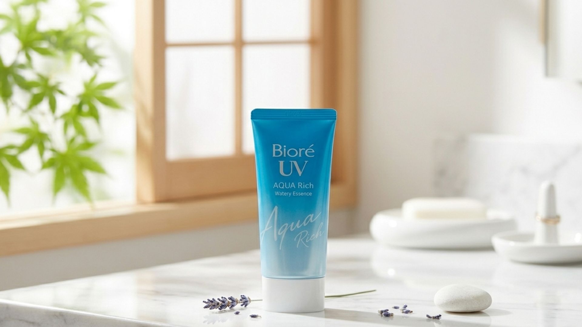 Biore UV Aqua Rich Watery Essence blue tube displayed on a bright vanity with Japanese summer light