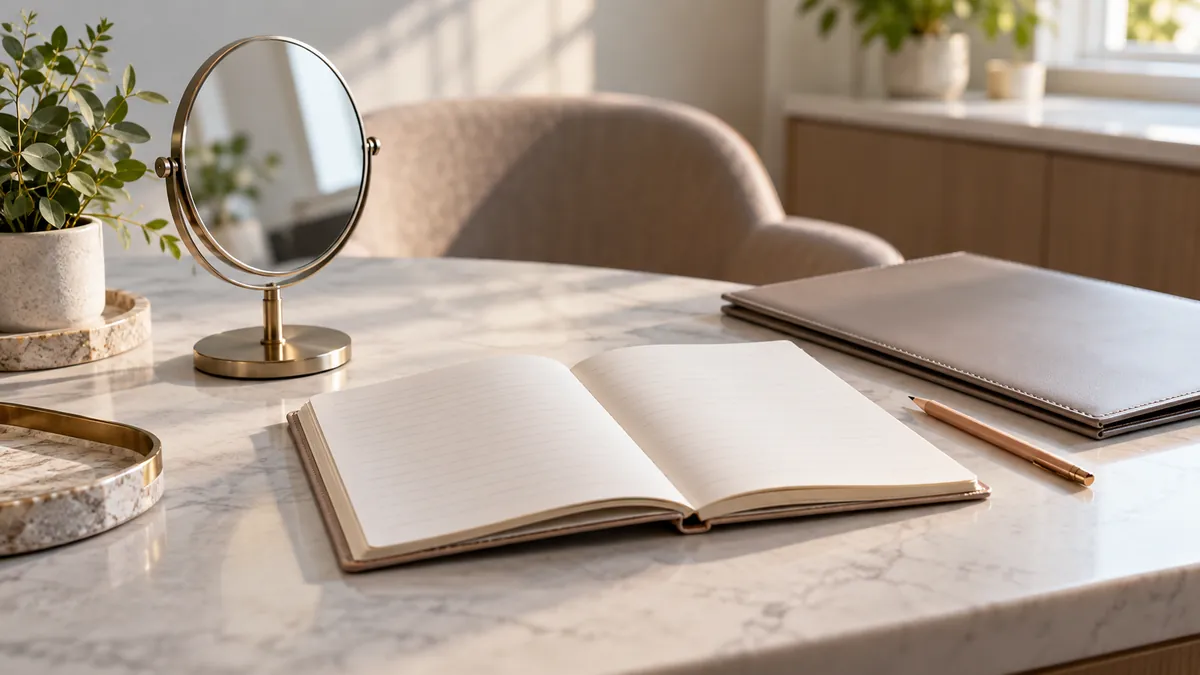 A follow-up journal, mirror and appointment folder on a consultation desk.