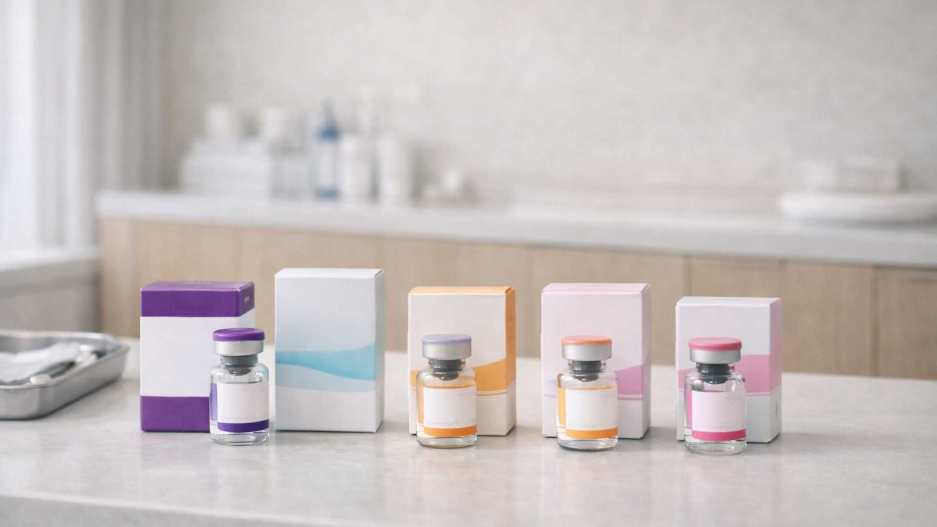 Botulinum toxin vials from different manufacturers lined up on a clinical tray at a Japanese clinic