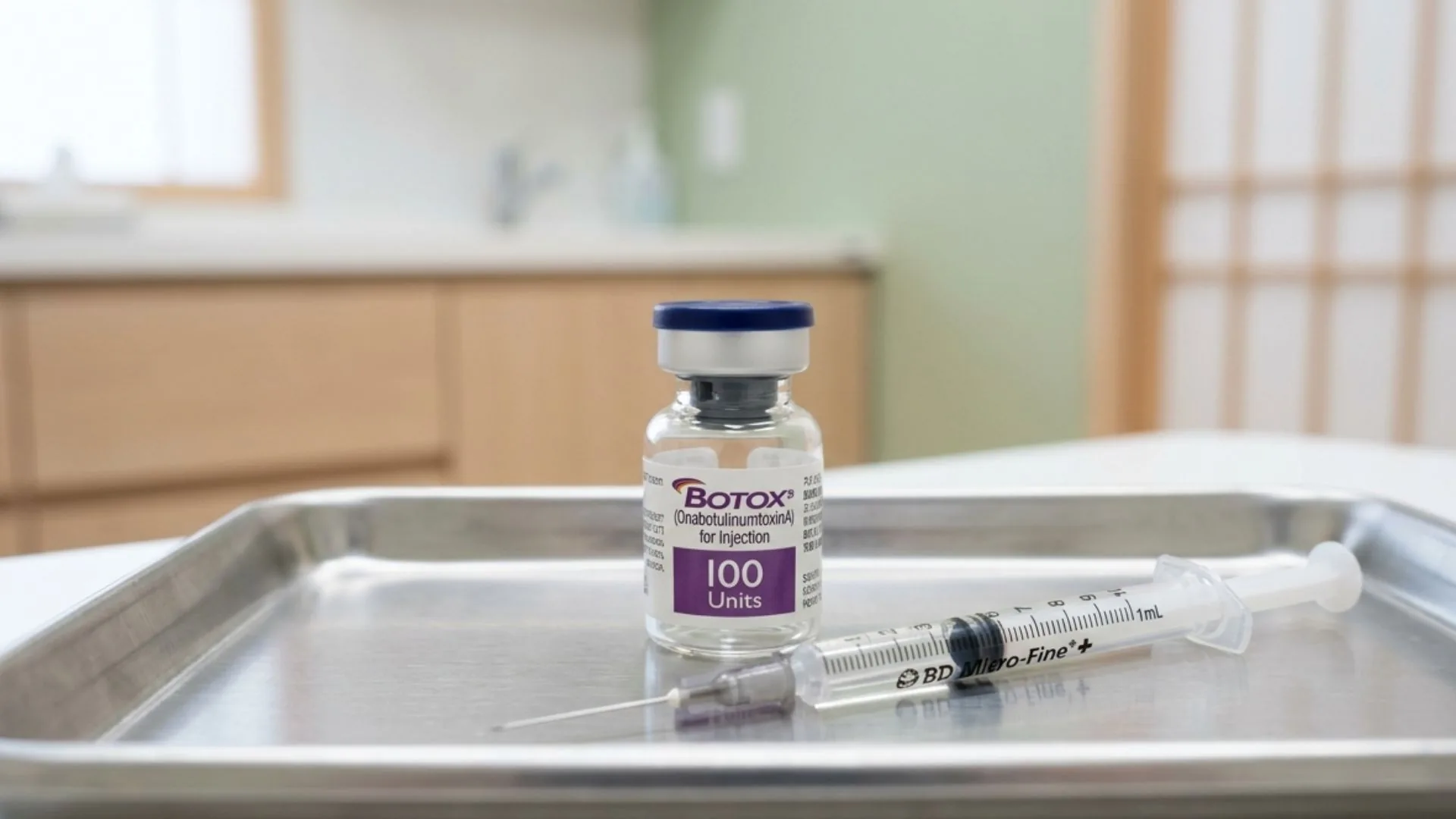 Close-up of Botox vial and precision syringe on sterile medical tray in modern Japanese aesthetic clinic, soft clinical lighting