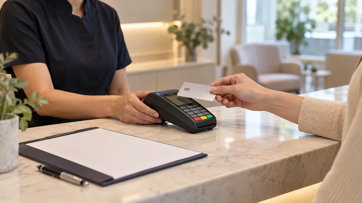 A hand holding a bank card beside a payment terminal and estimate folder.