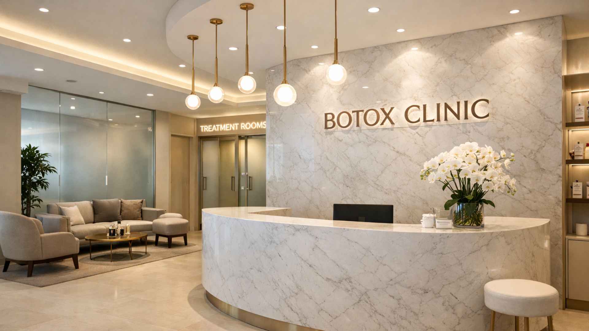 Modern Japanese aesthetic clinic interior with minimalist white design and consultation desk