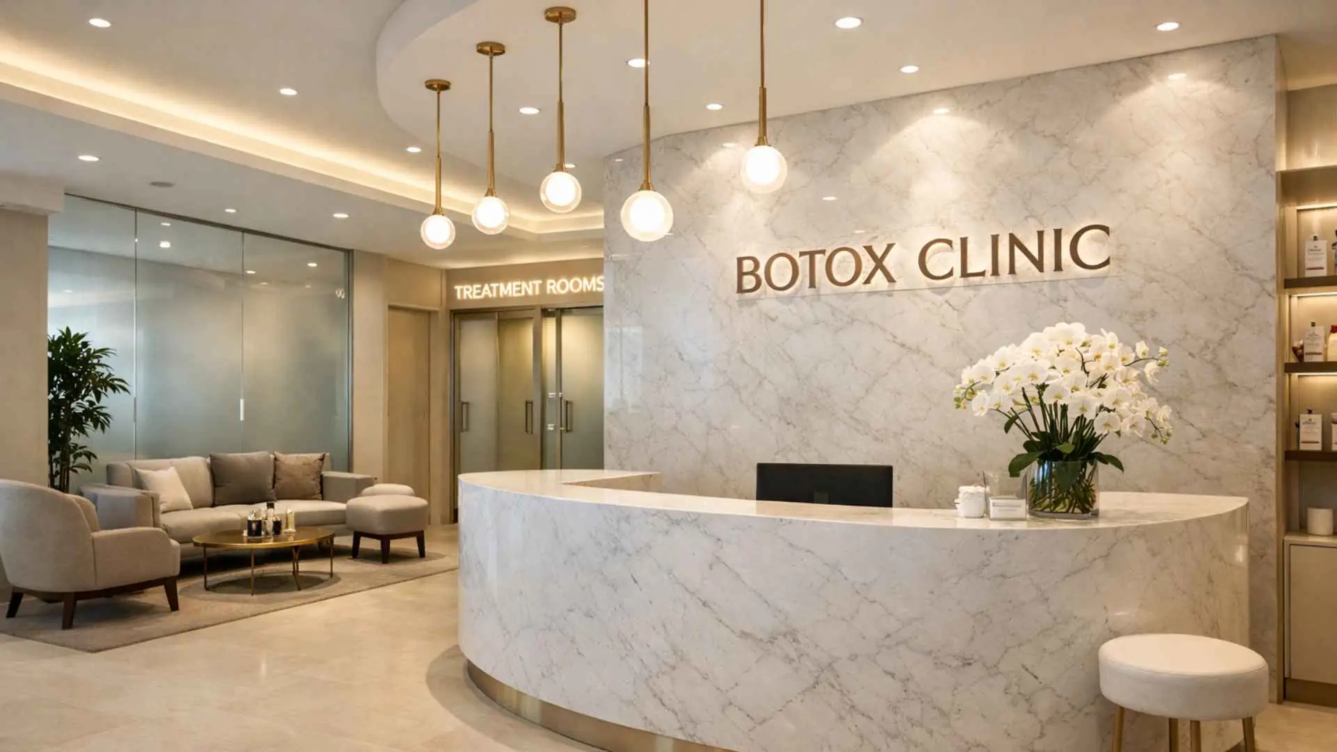 Modern Japanese aesthetic clinic interior with minimalist white design and consultation desk