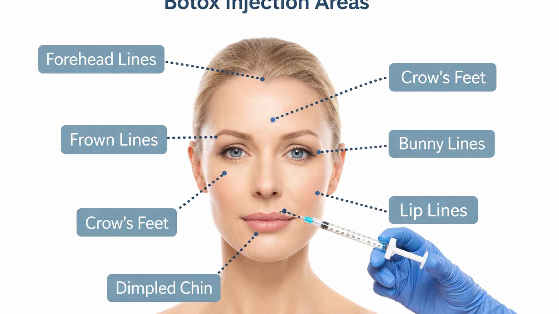 Face diagram showing common Botox injection areas — forehead, crow's feet, frown lines, jawline