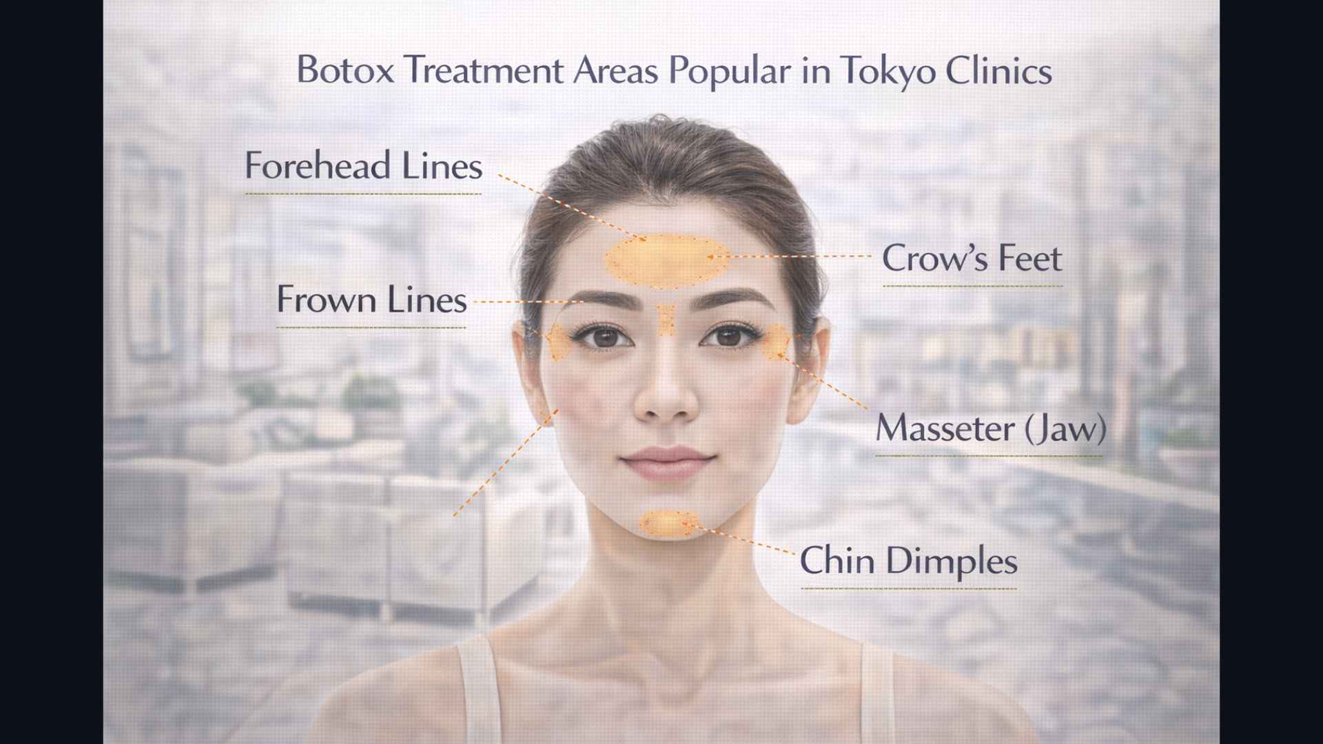 Face diagram showing Botox treatment areas popular in Tokyo clinics