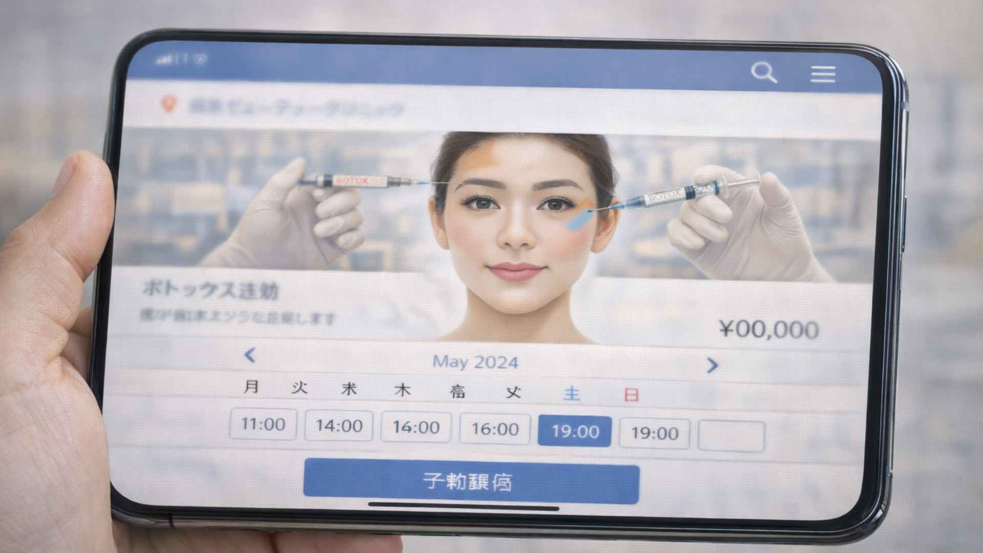 Smartphone showing Japanese clinic booking interface for Botox appointment in Tokyo