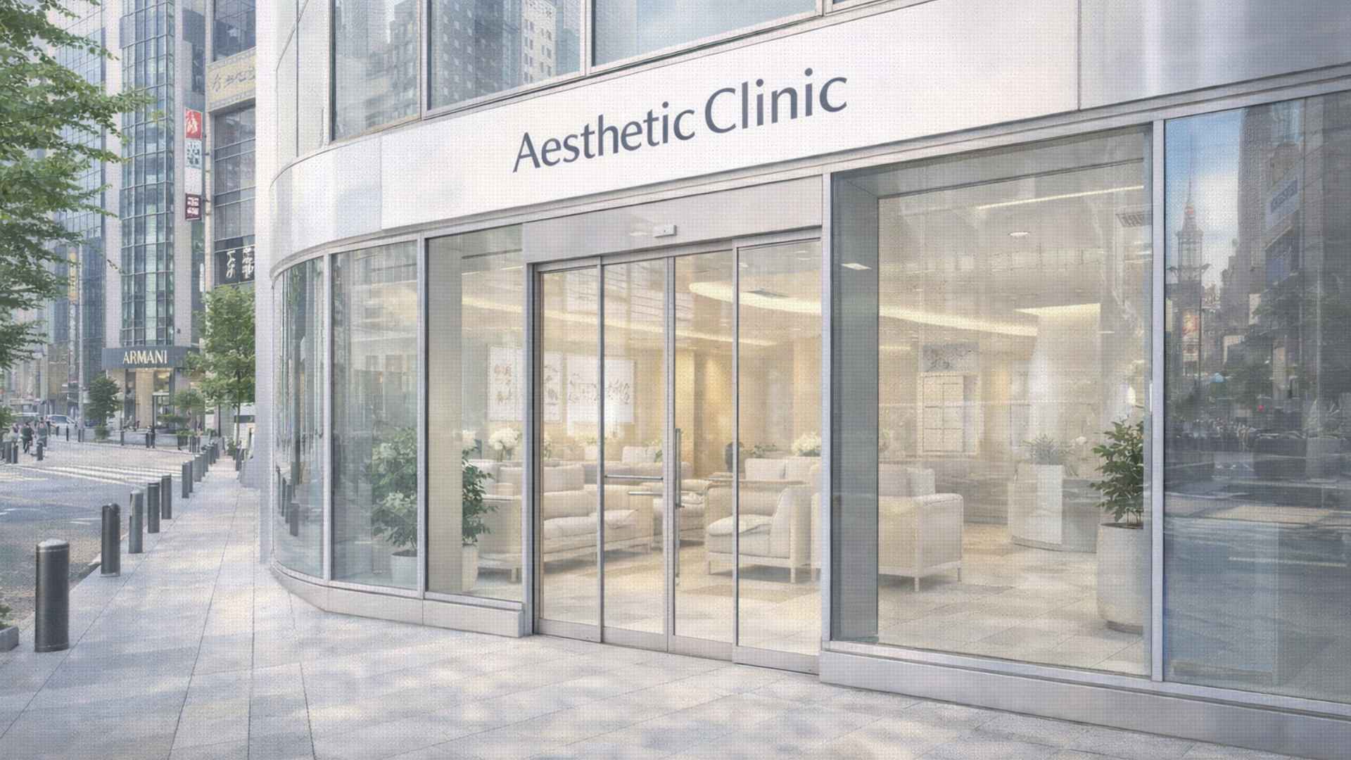Aesthetic clinic exterior in Tokyo Ginza district with modern glass facade