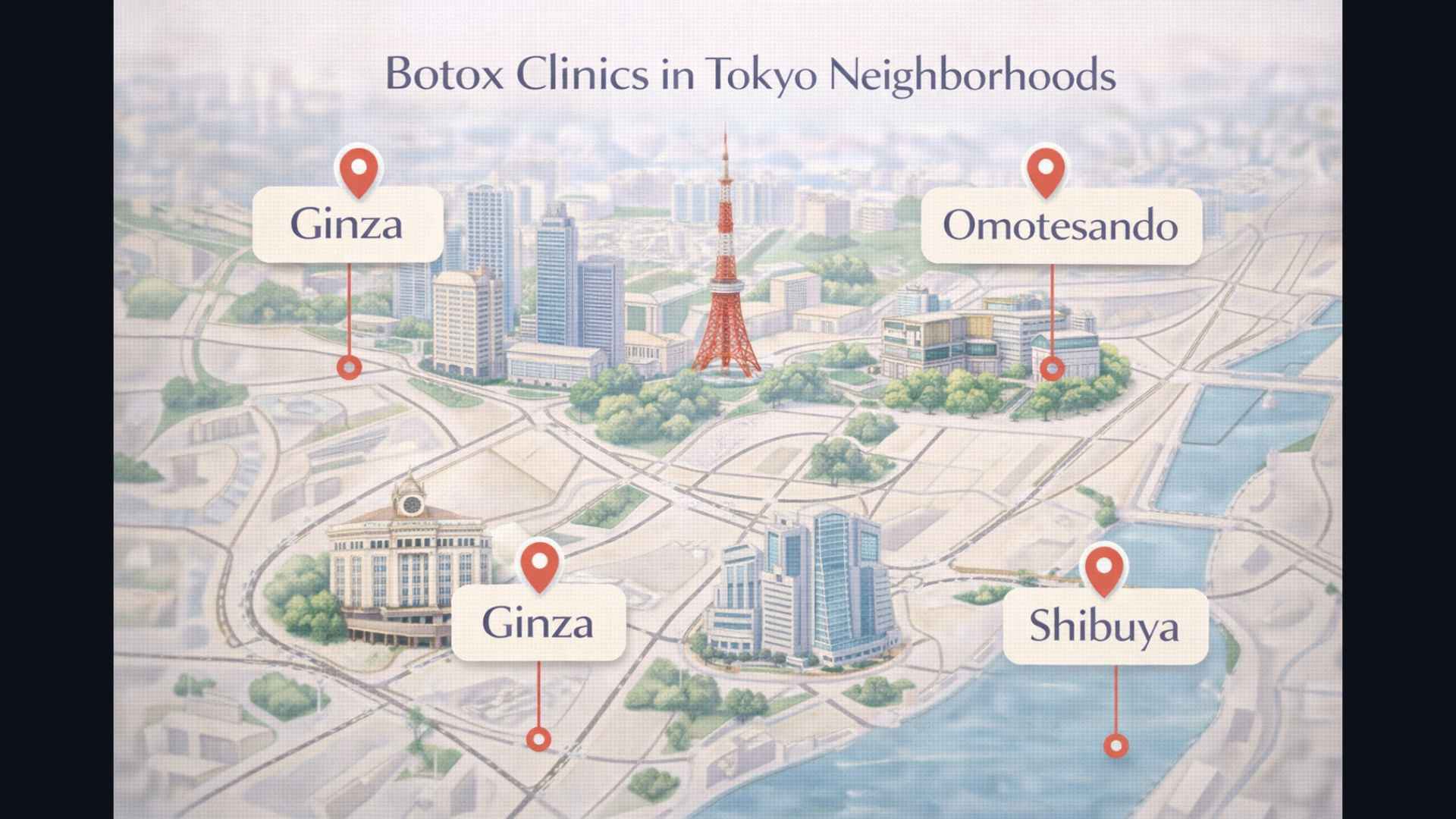 Illustrated map of Tokyo neighborhoods for Botox clinics — Ginza Omotesando Shinjuku Shibuya
