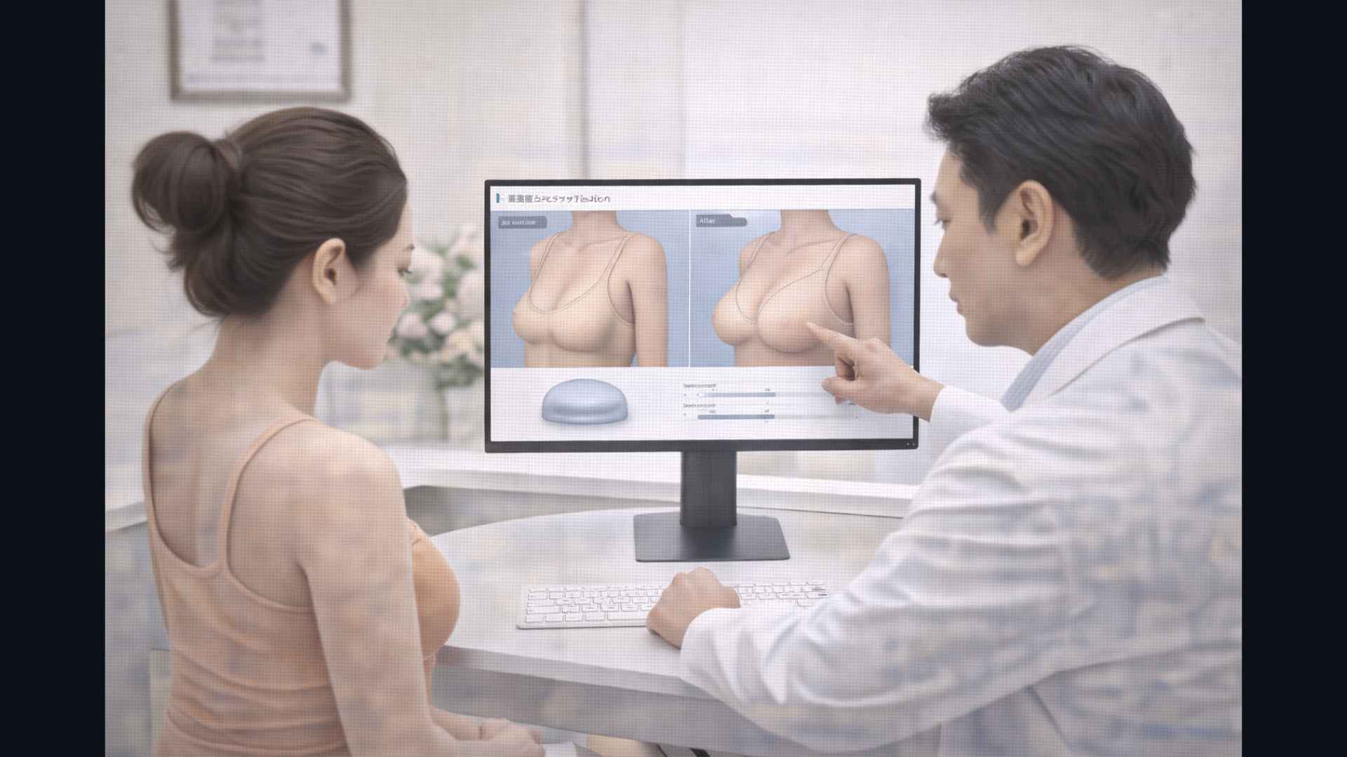 Surgeon and patient during breast augmentation consultation at a Japanese clinic with 3D simulation