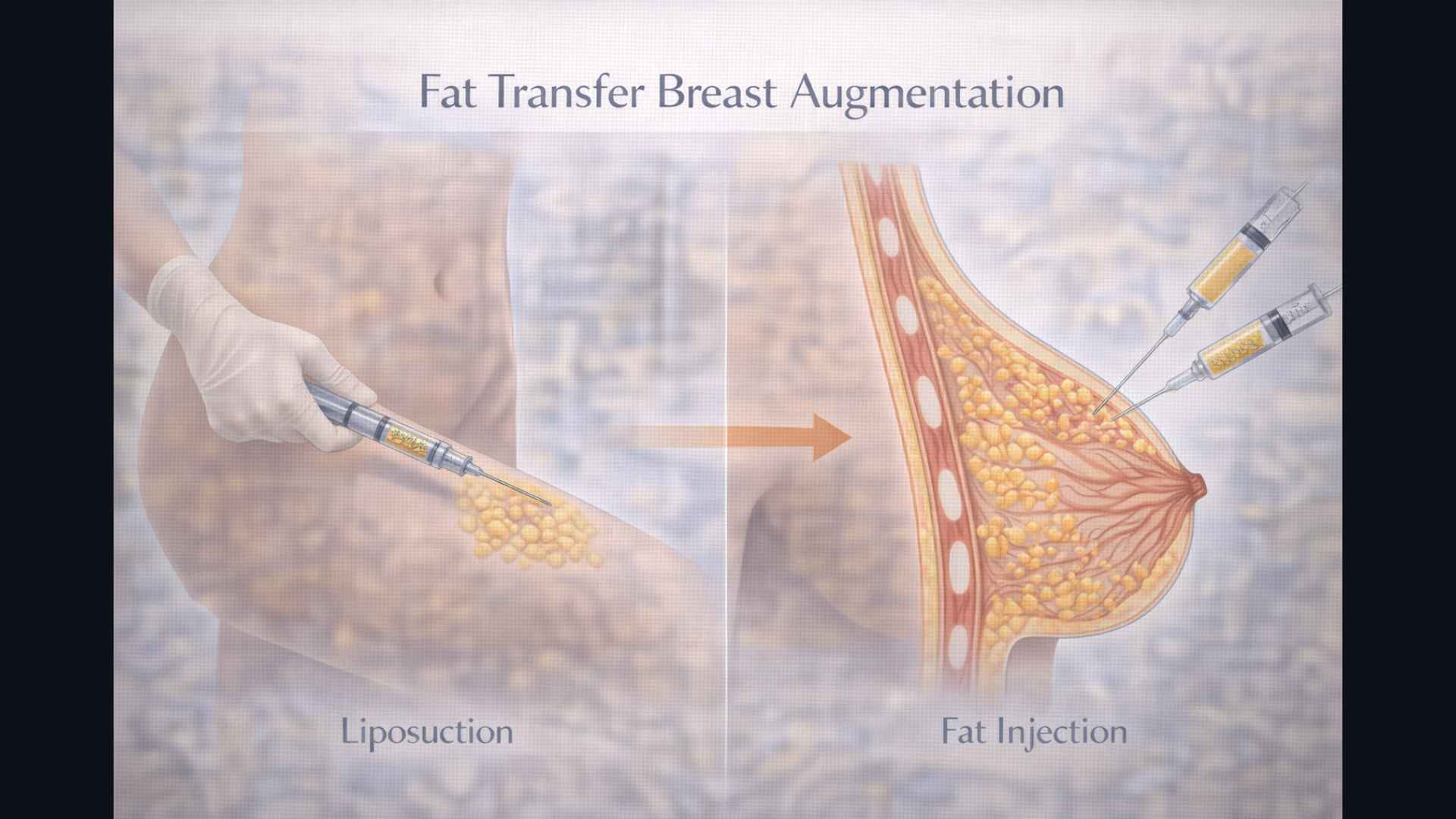 Medical illustration of fat transfer breast augmentation showing liposuction and injection process