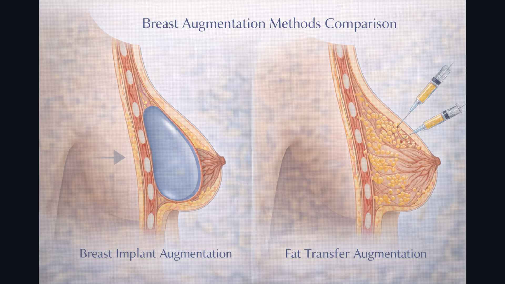 Medical illustration comparing breast implant and fat transfer augmentation methods