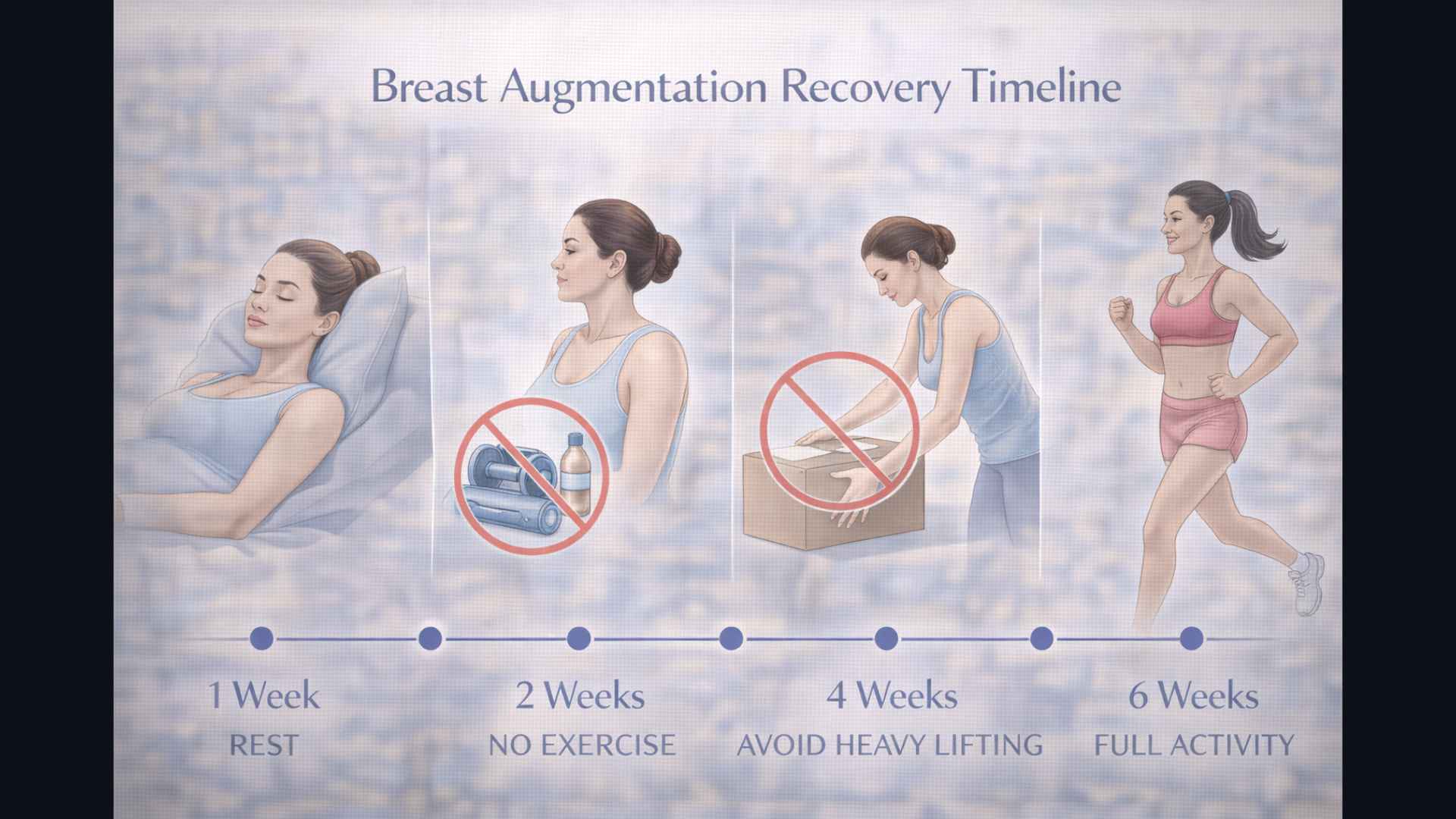 Illustrated recovery timeline for breast augmentation showing activity restrictions over 6 weeks