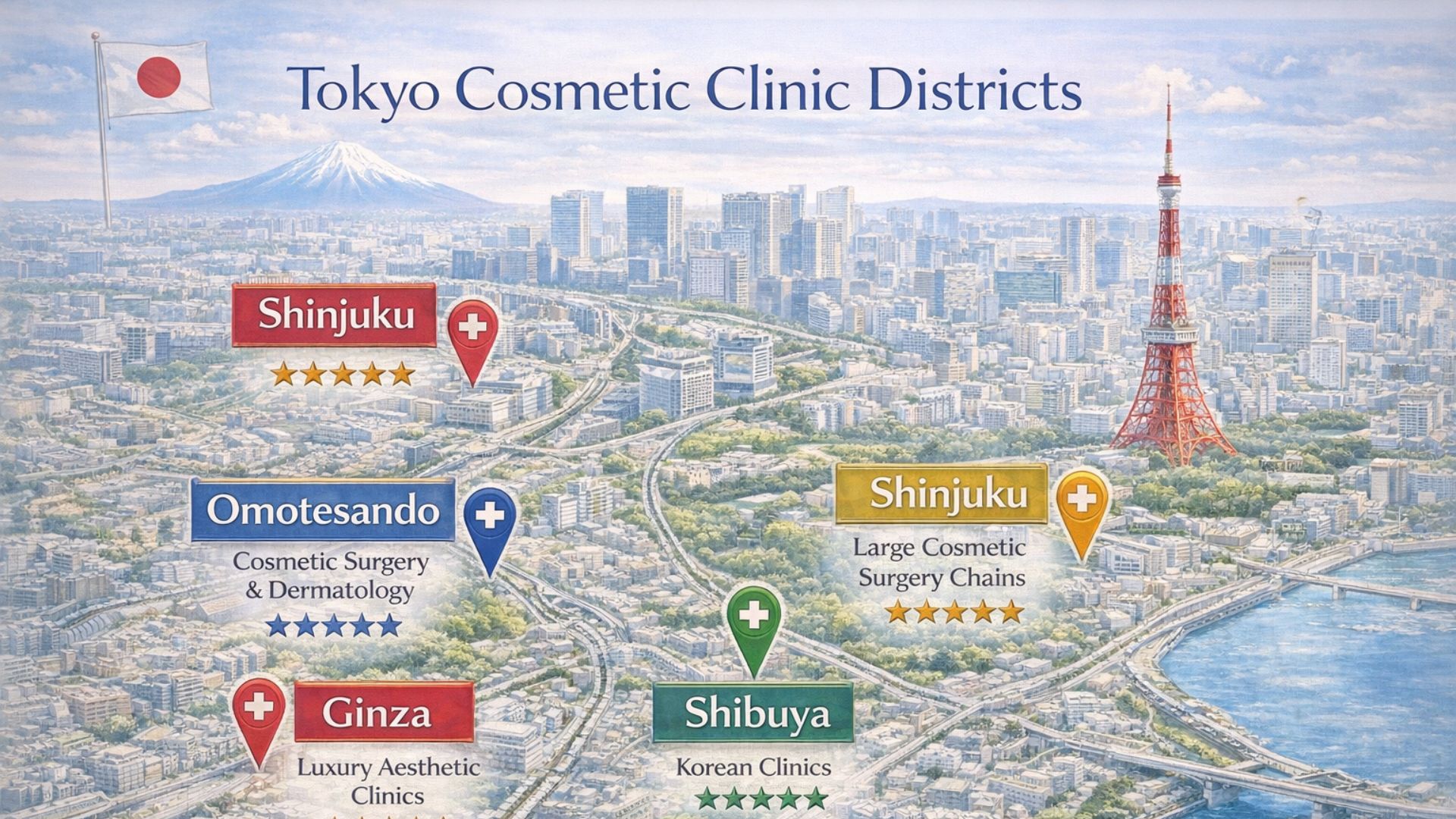 Illustrated map of Tokyo cosmetic surgery clinic districts — Ginza Omotesando Roppongi Shinjuku