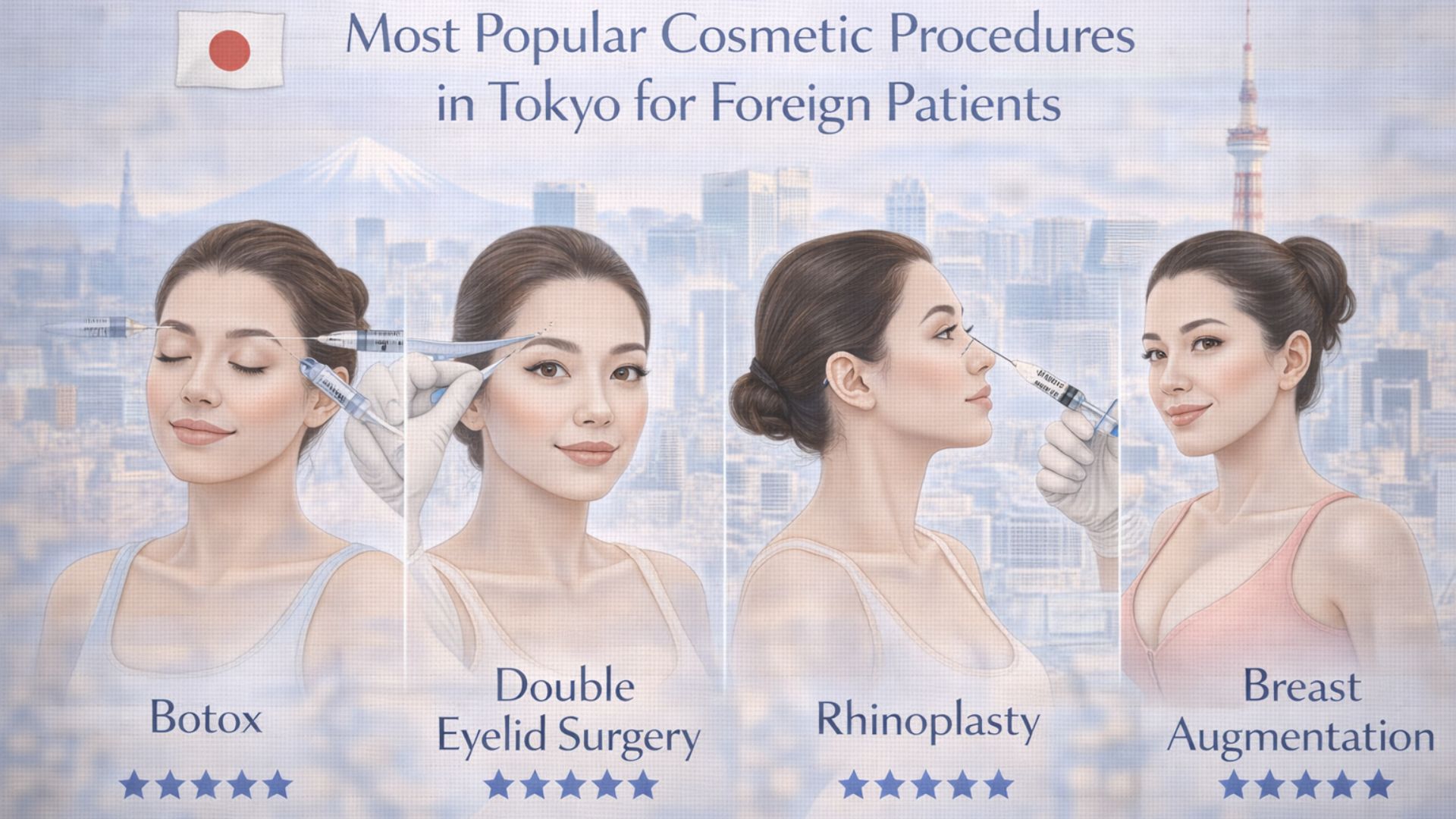 Infographic illustration of most popular cosmetic procedures in Tokyo for foreign patients