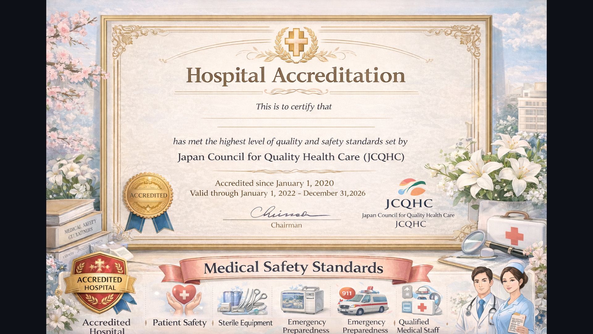 Japanese hospital accreditation certificate and safety standards illustration