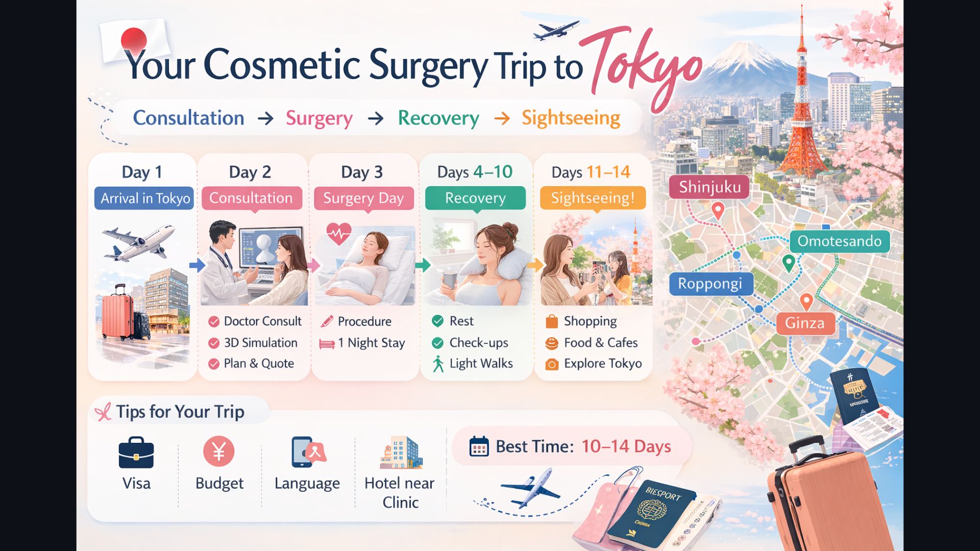 Trip planning timeline illustration for cosmetic surgery in Tokyo showing consultation recovery sightseeing