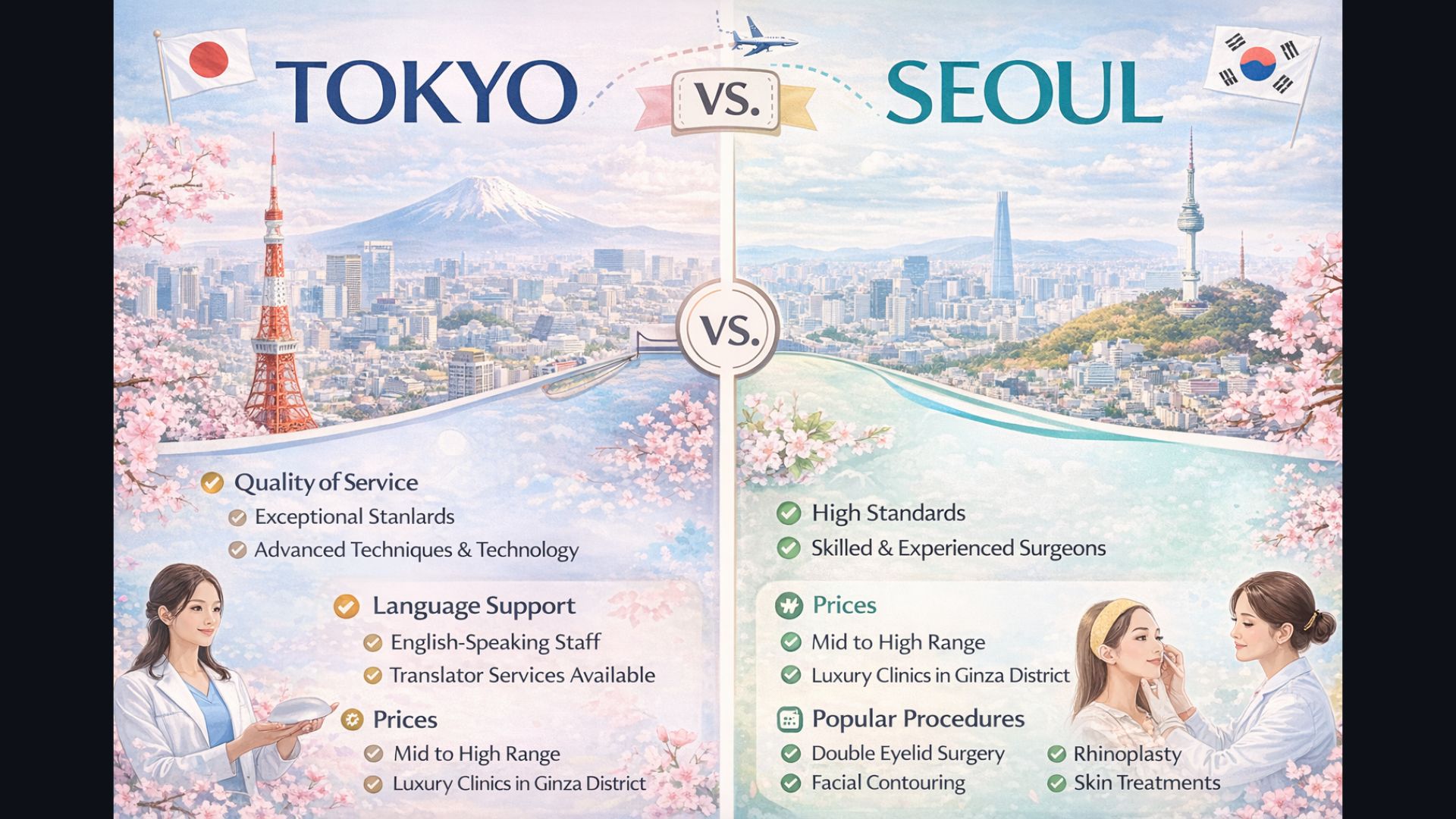 Comparison illustration of Tokyo and Seoul as cosmetic surgery destinations
