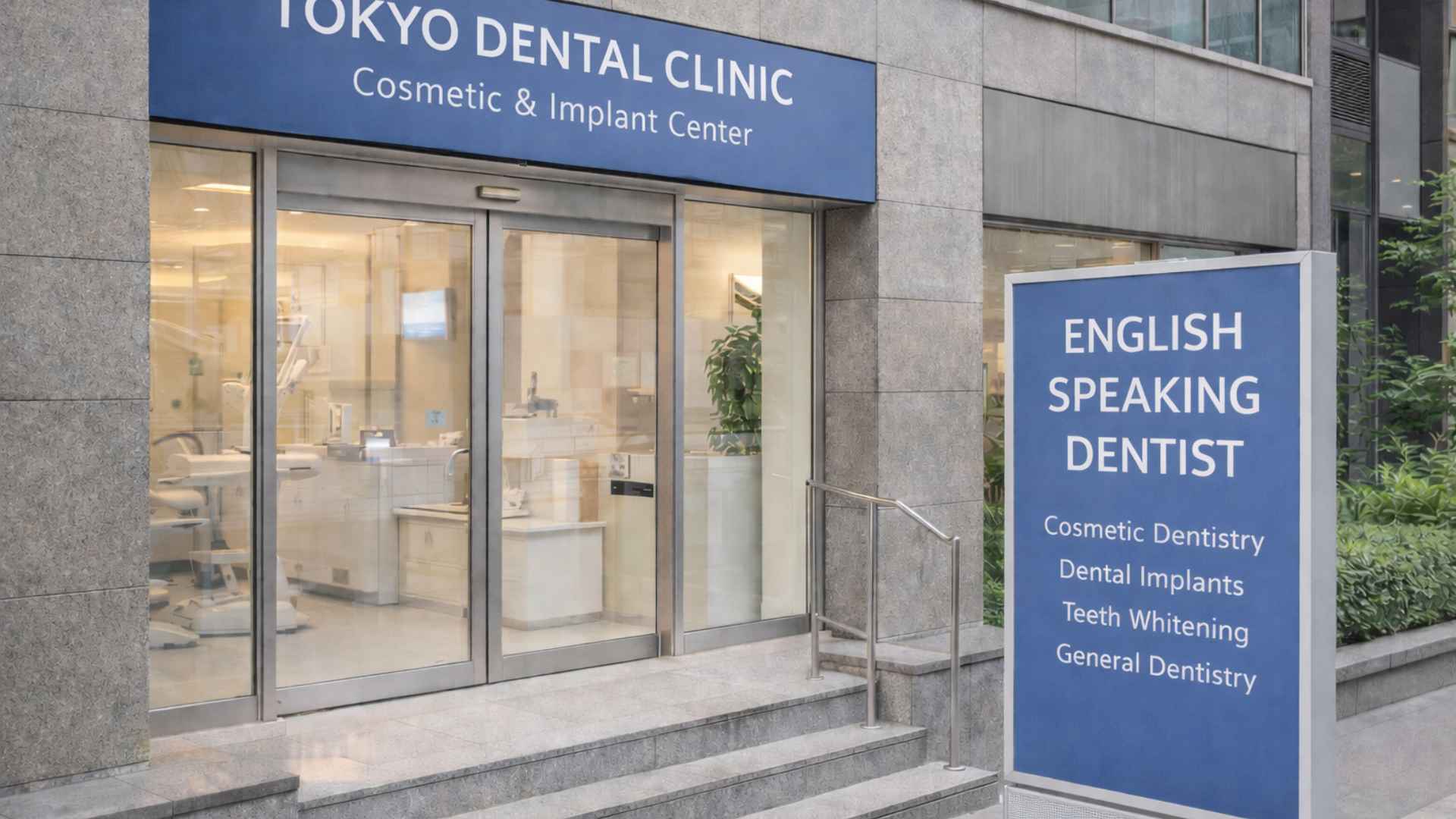 Exterior of a modern dental clinic in Tokyo with bilingual signage