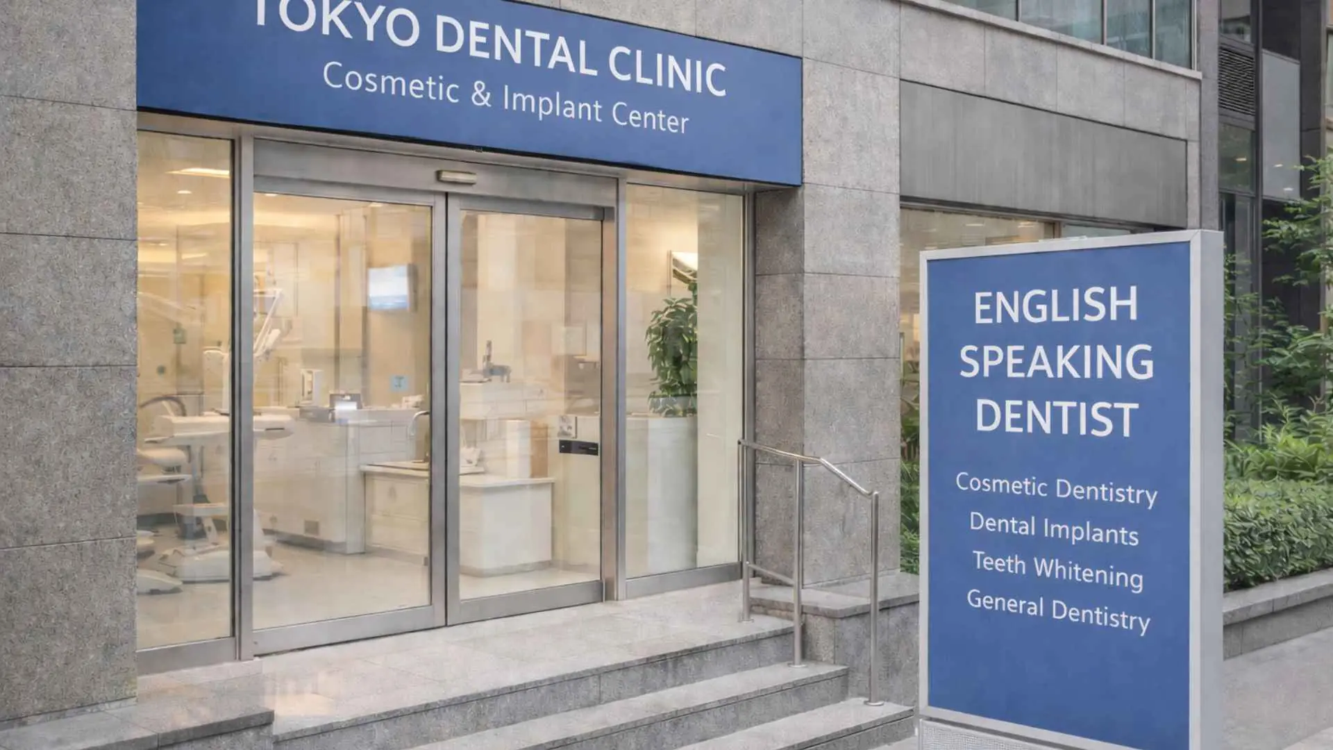 Exterior of a modern dental clinic in Tokyo with bilingual signage