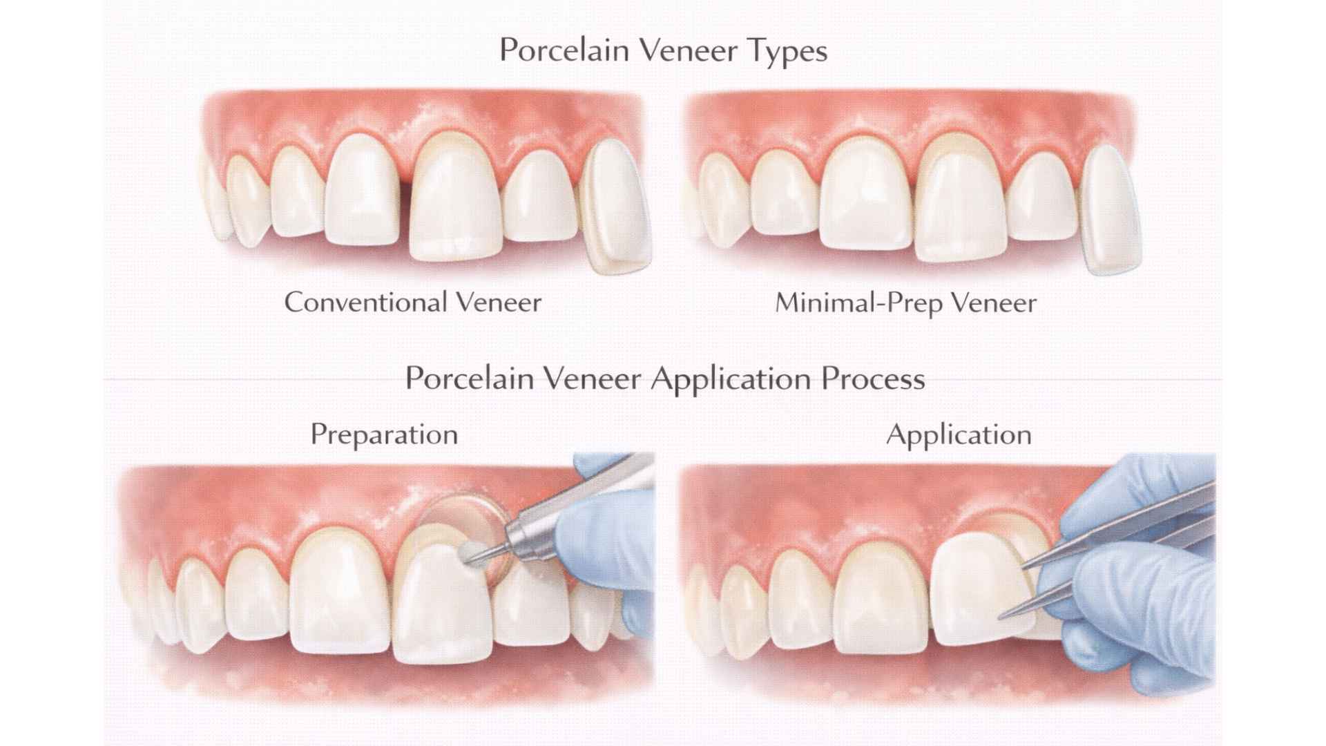 Medical illustration comparing porcelain veneer types and application process