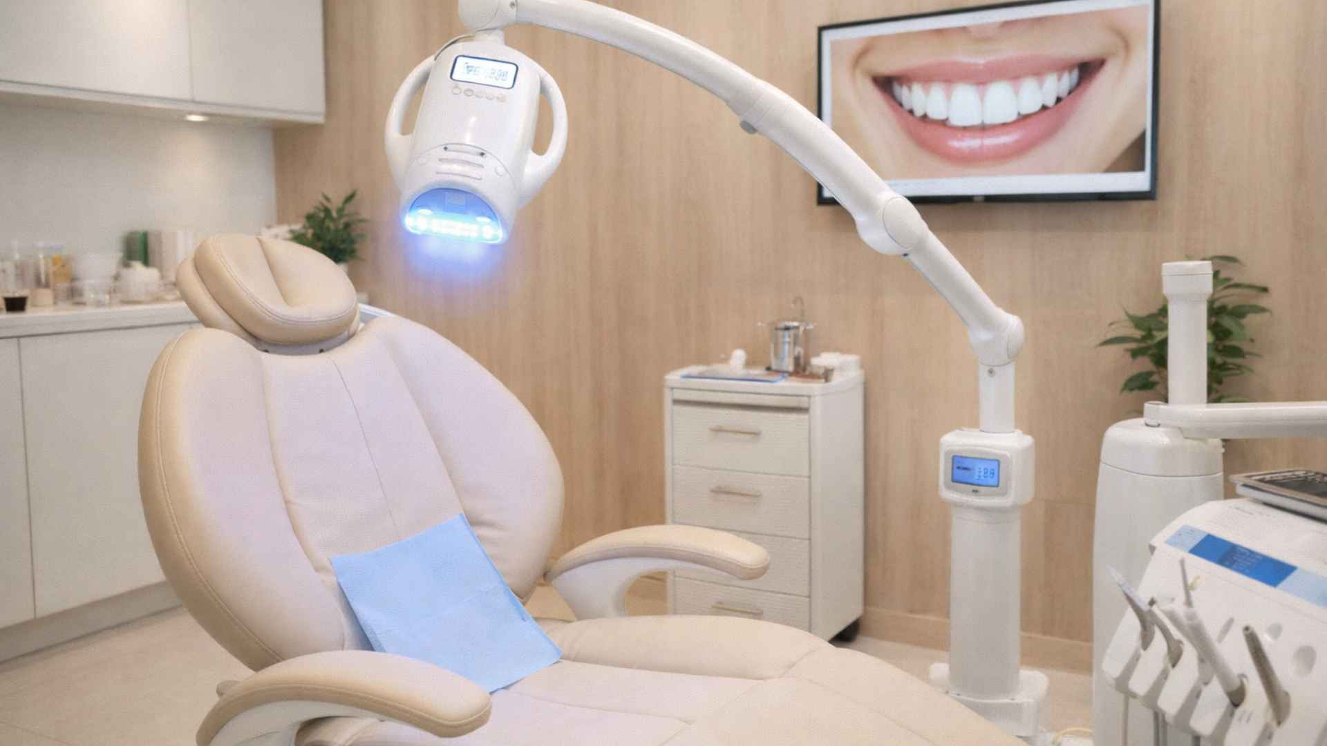 Professional teeth whitening treatment setup at a modern Japanese dental clinic