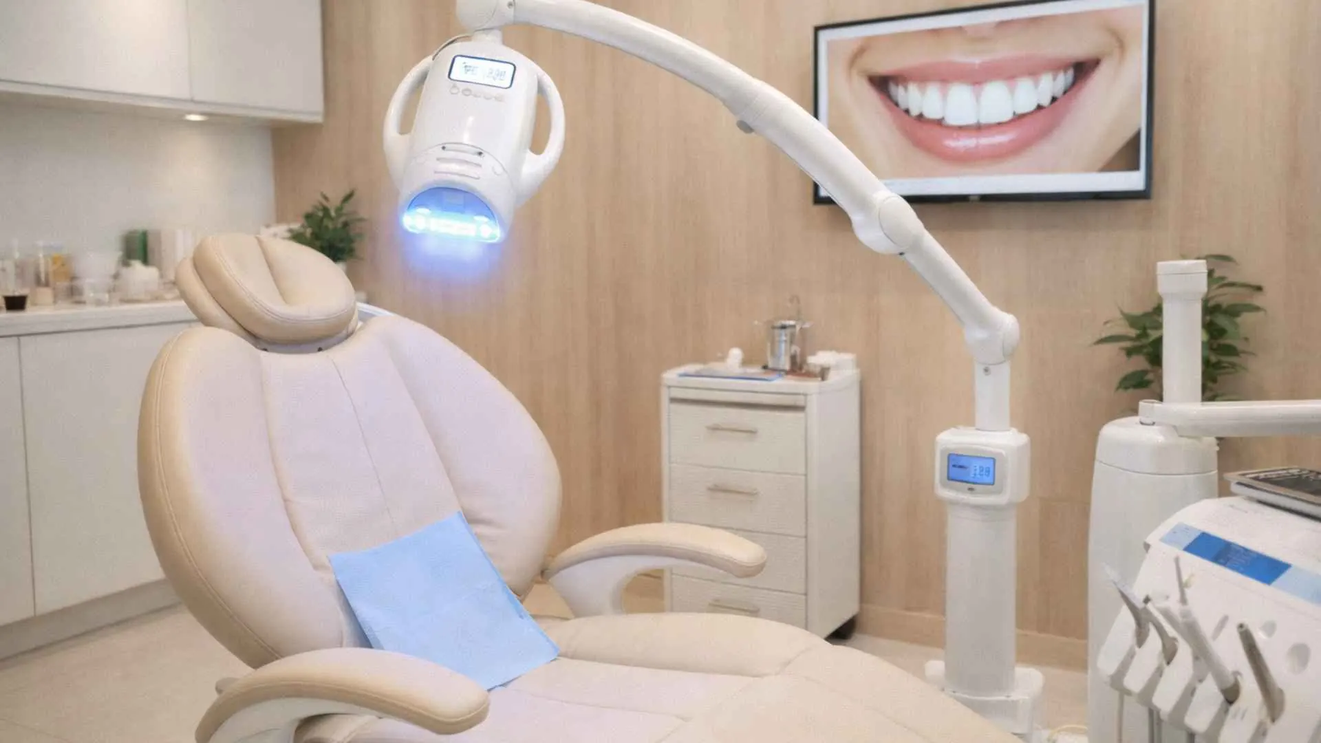Professional teeth whitening treatment setup at a modern Japanese dental clinic