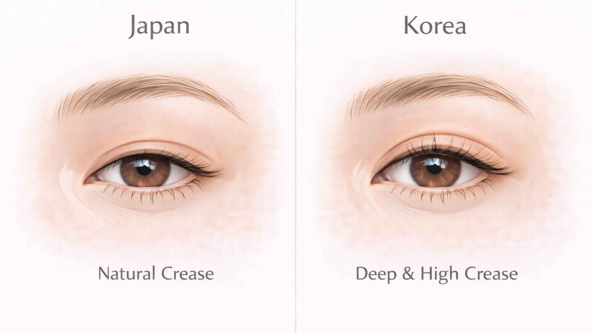 Side-by-side comparison illustration of Japanese vs Korean double eyelid surgery aesthetic preferences