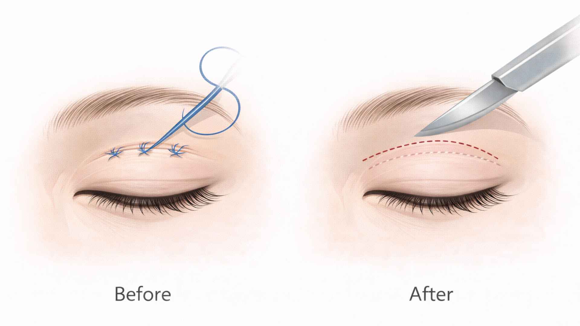 Medical illustration comparing burial suture and incisional double eyelid surgery methods