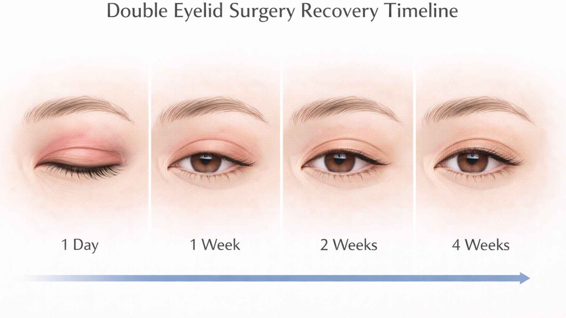 Illustrated recovery timeline for double eyelid surgery showing swelling progression over 4 weeks