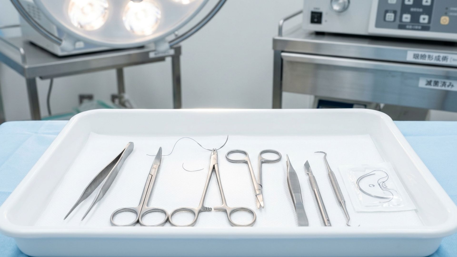 Delicate microsurgical instruments for eyelid surgery on sterile tray in bright Japanese cosmetic surgery clinic