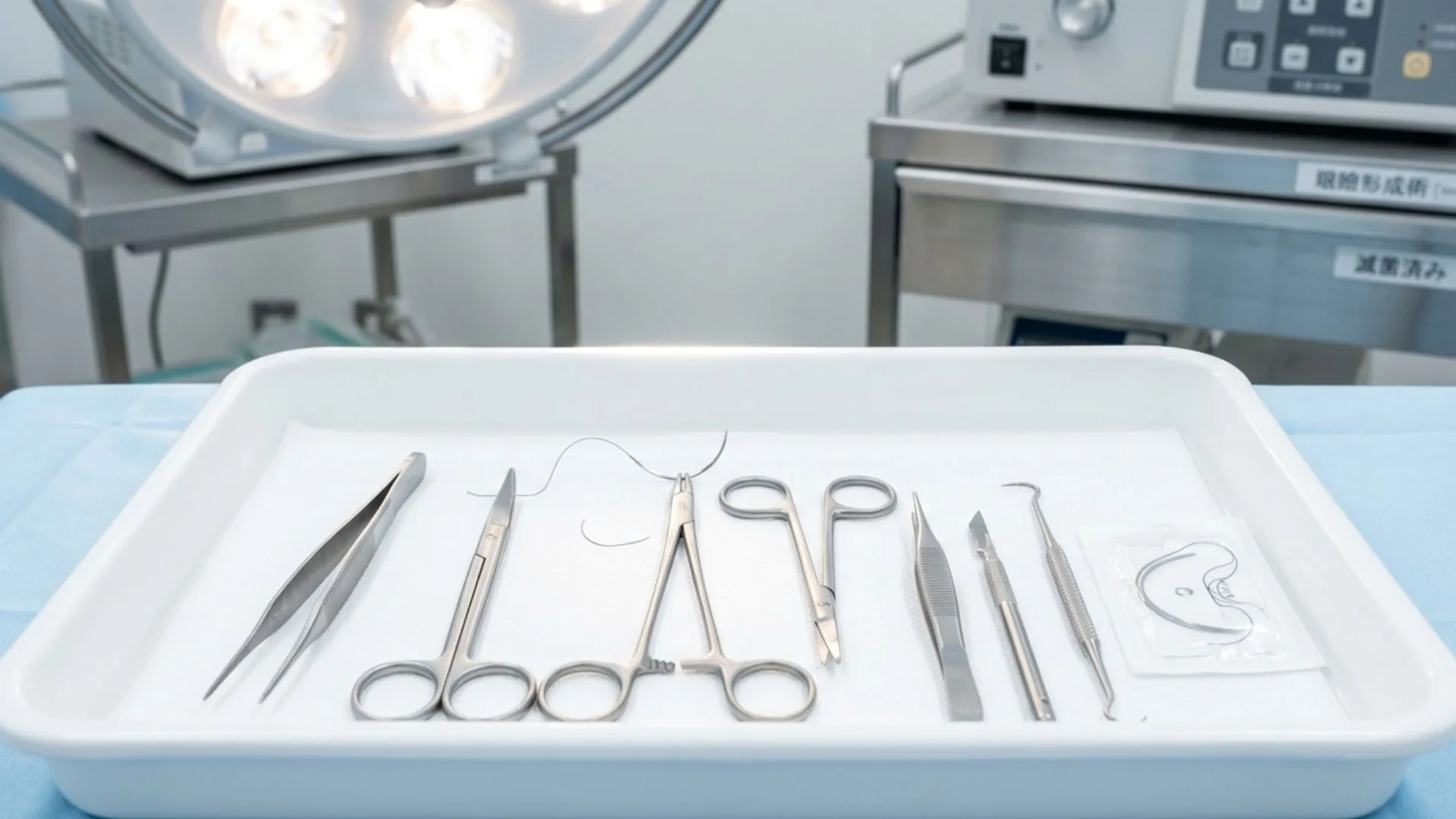 Delicate microsurgical instruments for eyelid surgery on sterile tray in bright Japanese cosmetic surgery clinic