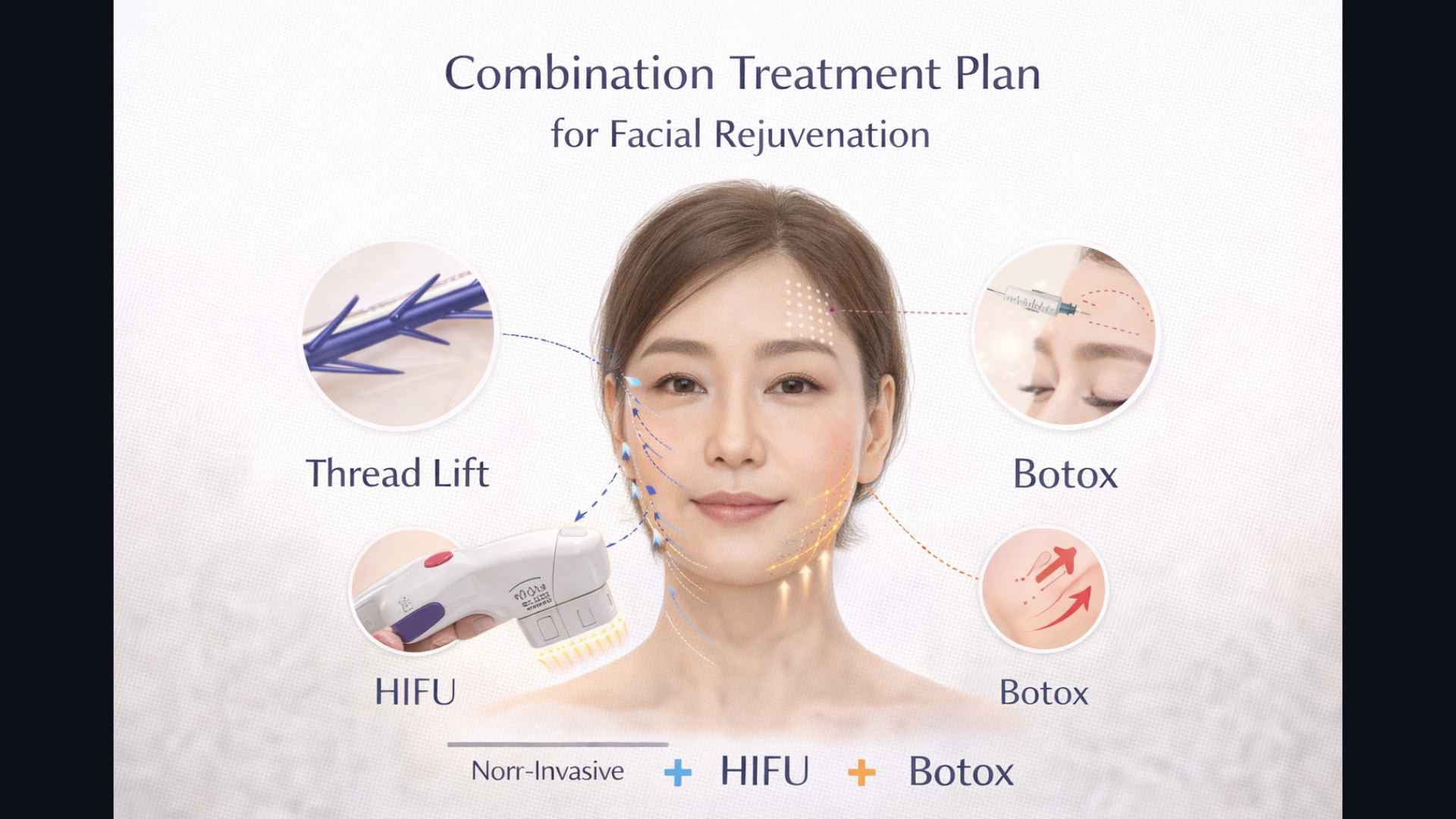 Treatment planning illustration showing combination of thread lift HIFU and Botox for facial rejuvenation