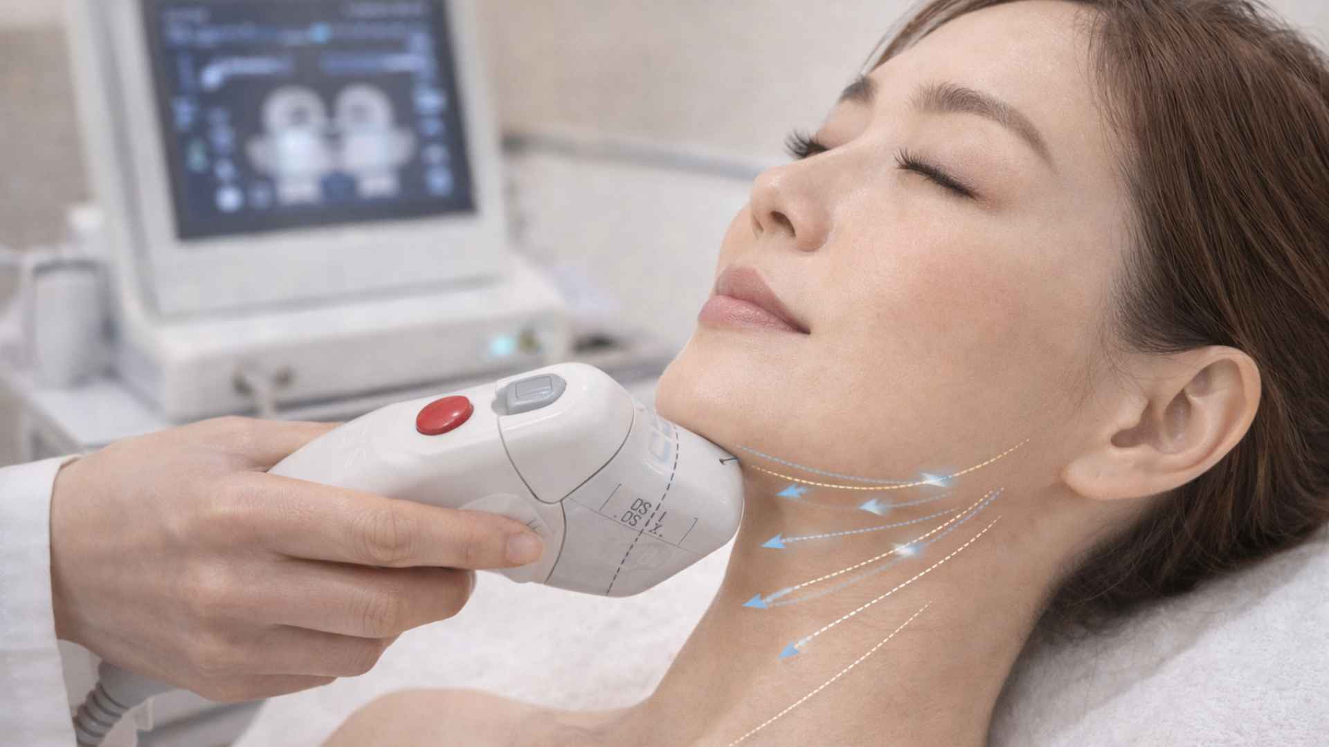 HIFU skin tightening device being applied to patient jawline at a Japanese clinic