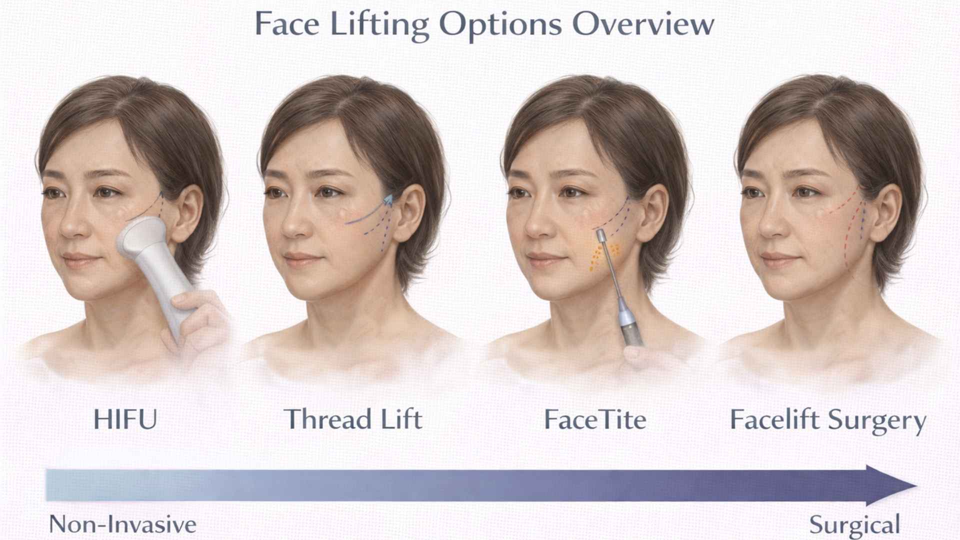 Illustrated comparison of face lifting options from non-invasive to surgical in Japan