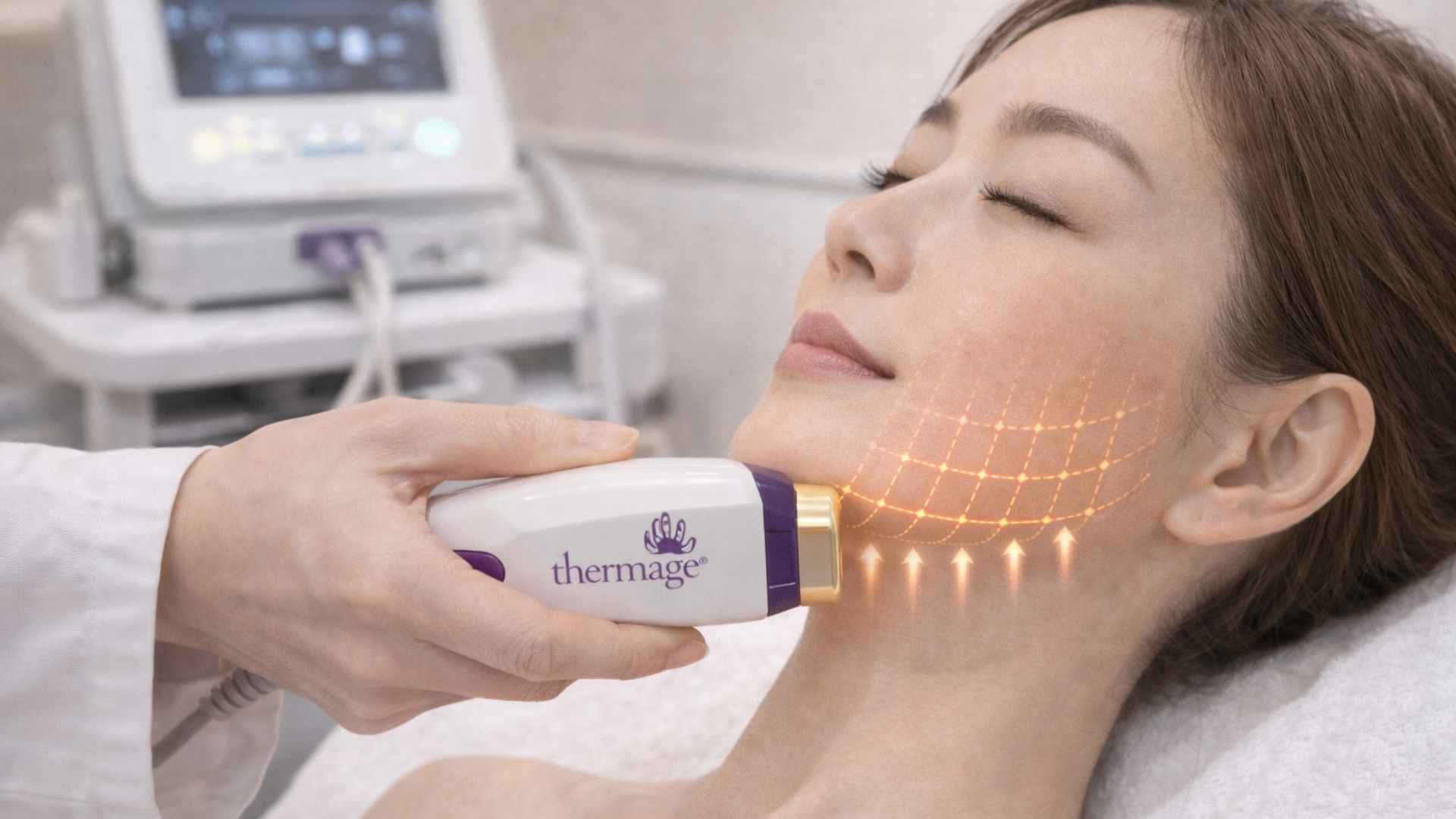 Radiofrequency skin tightening treatment on facial skin at a Japanese aesthetic clinic