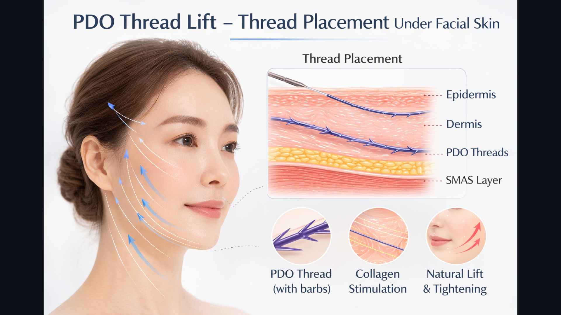 Medical illustration of PDO thread lift showing thread placement under facial skin
