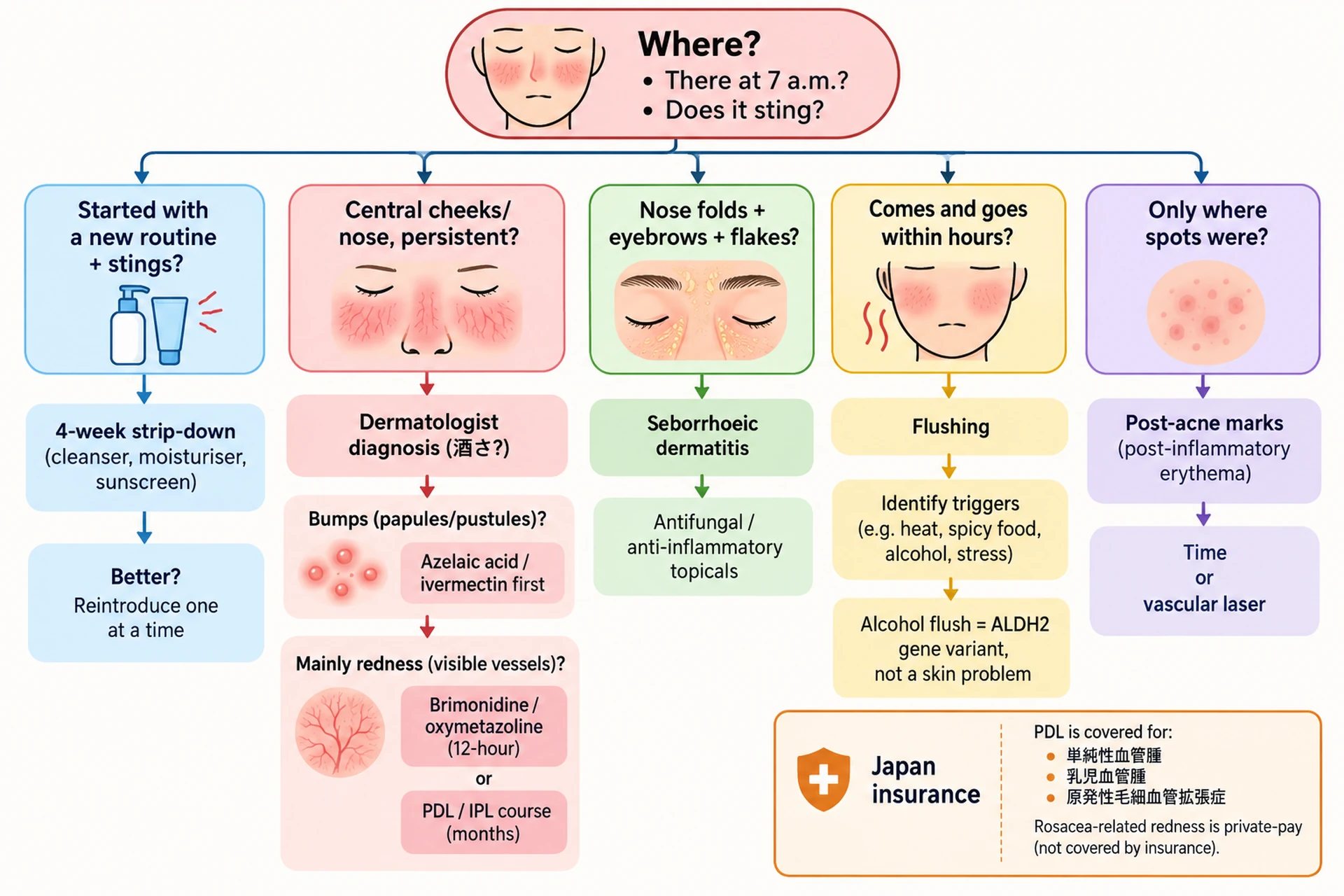 Decision flow diagram routing facial redness by location, timing and stinging to rosacea, seborrhoeic dermatitis, flushing, post-acne marks or barrier irritation, then to the matching treatment path and the Japan insured-versus-private line
