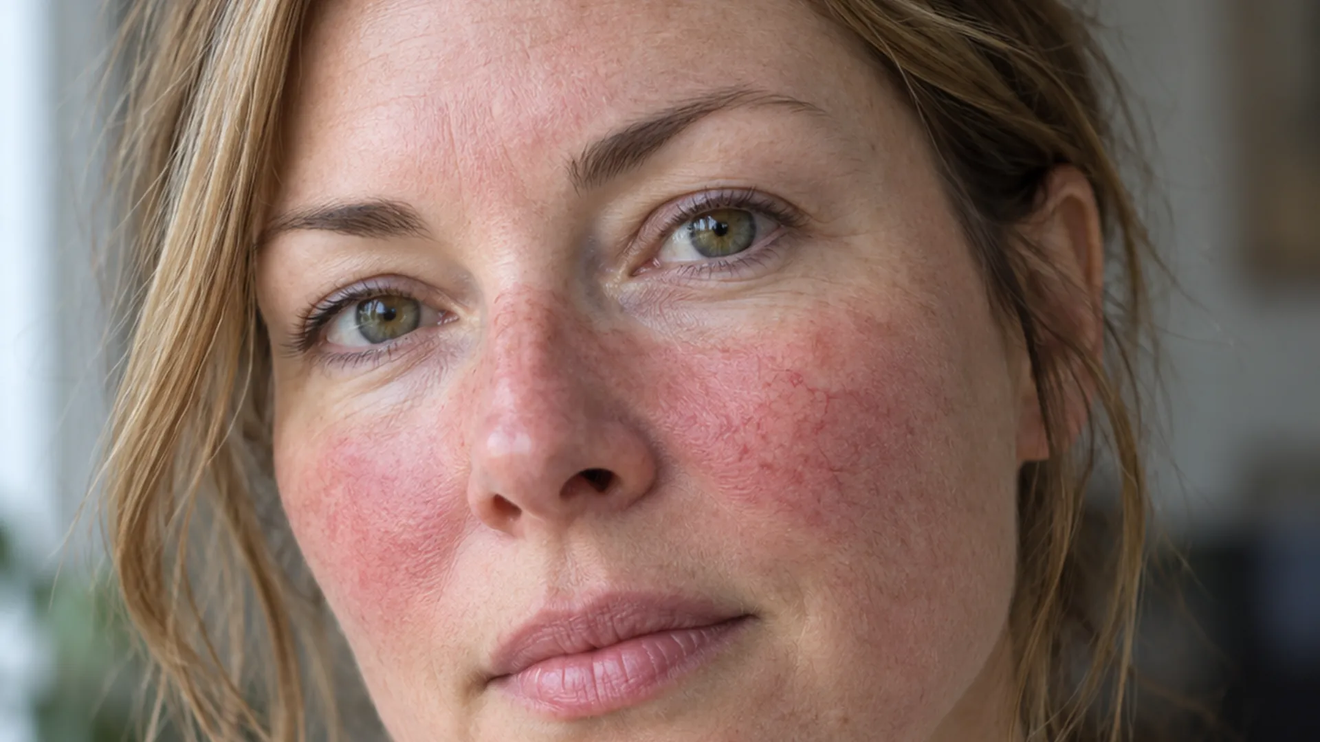 Close-up photograph of a woman’s face in soft daylight with persistent redness across the central cheeks and nose, fine visible vessels, and clear skin around the eyes and mouth