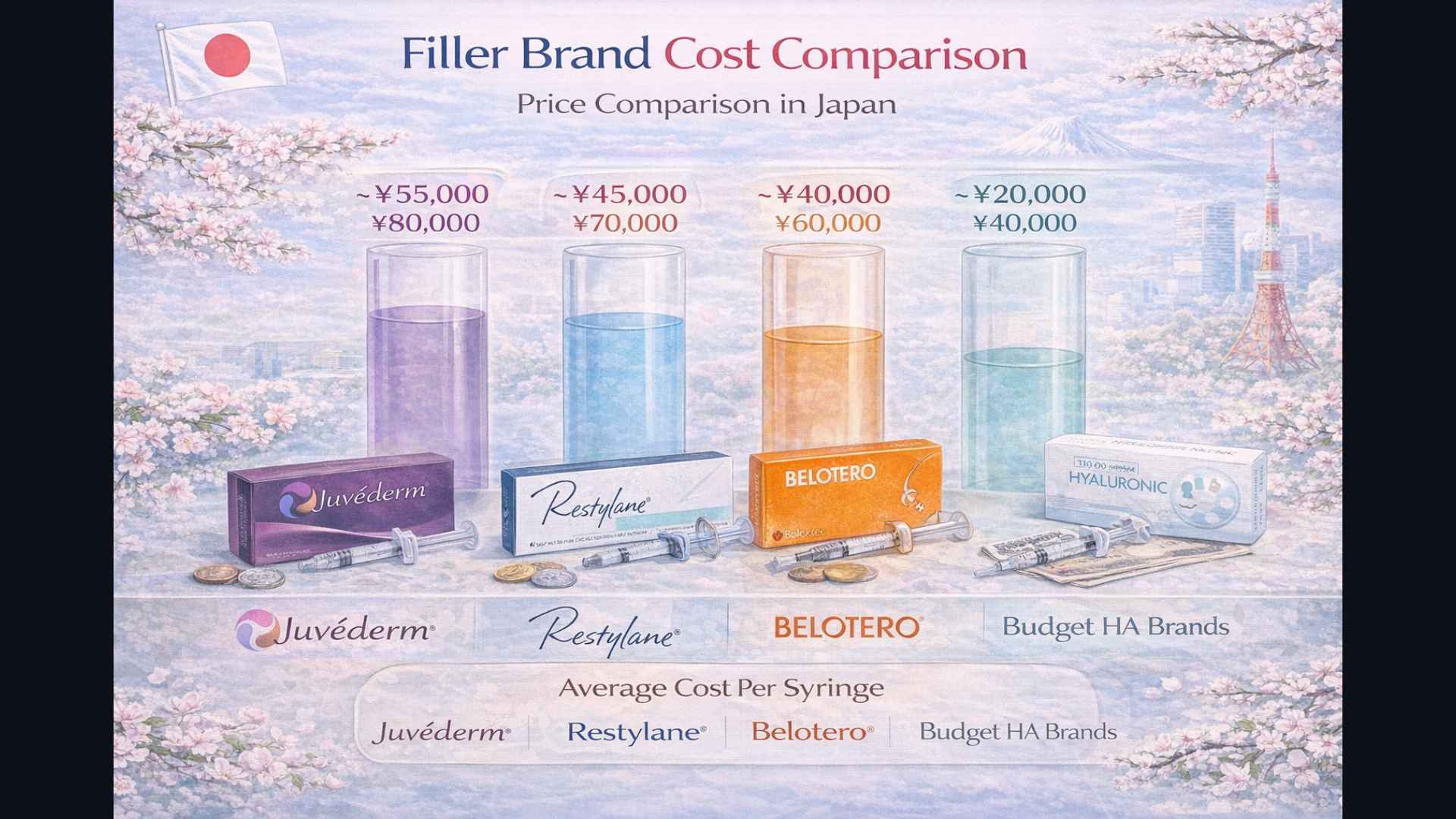 Price comparison chart of filler brands available in Japan — Juvederm Restylane Belotero budget HA