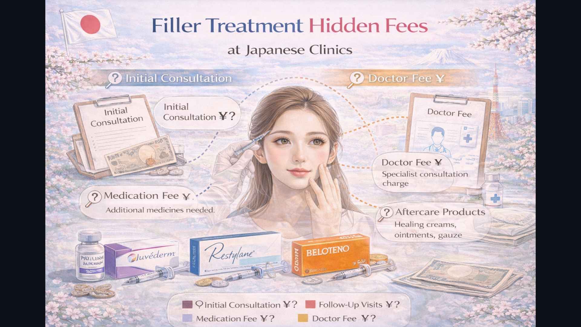 Infographic showing hidden fee breakdown for filler treatment at Japanese clinics