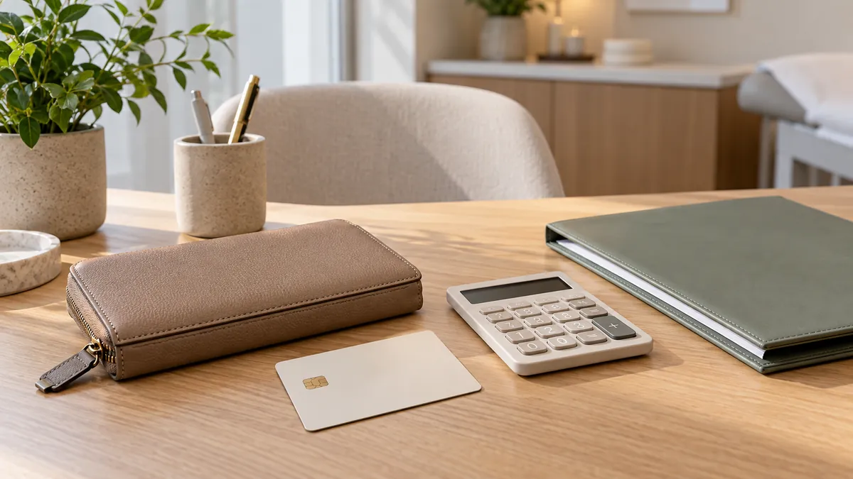 A wallet, blank payment card, calculator and consultation folder on a desk.