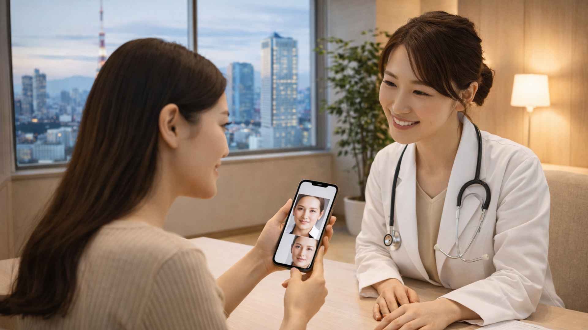 Patient showing reference photos to doctor during filler consultation at a Japanese clinic