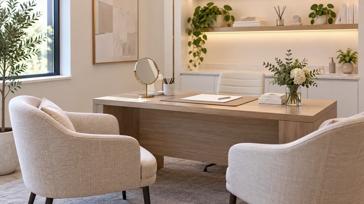 An empty skin consultation room with a mirror and consultation papers.