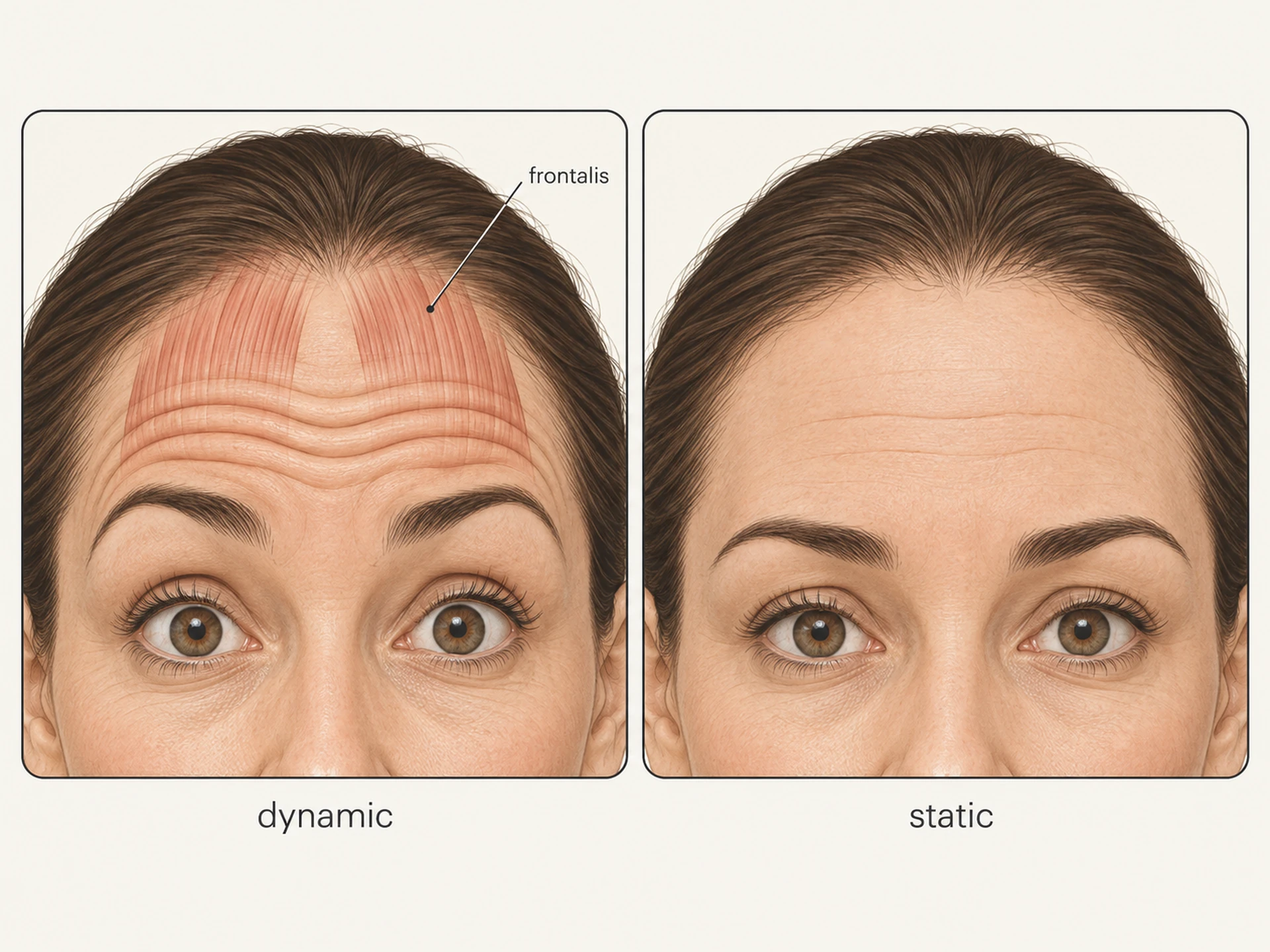 Side-by-side illustration of a forehead with eyebrows raised showing dynamic lines, and the same forehead at rest showing the etched static lines that remain