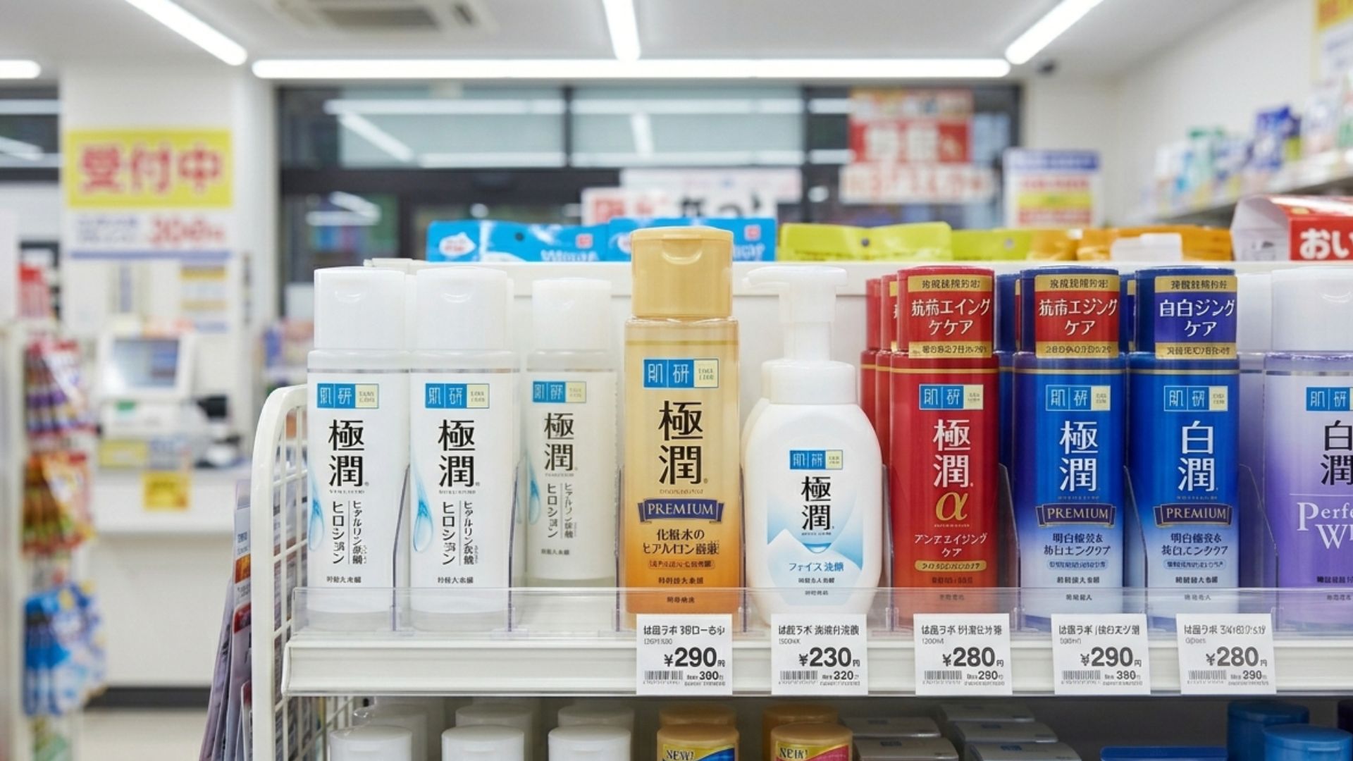 Hada Labo Gokujyun Premium gold bottle displayed on a clean white shelf inside a Japanese drugstore